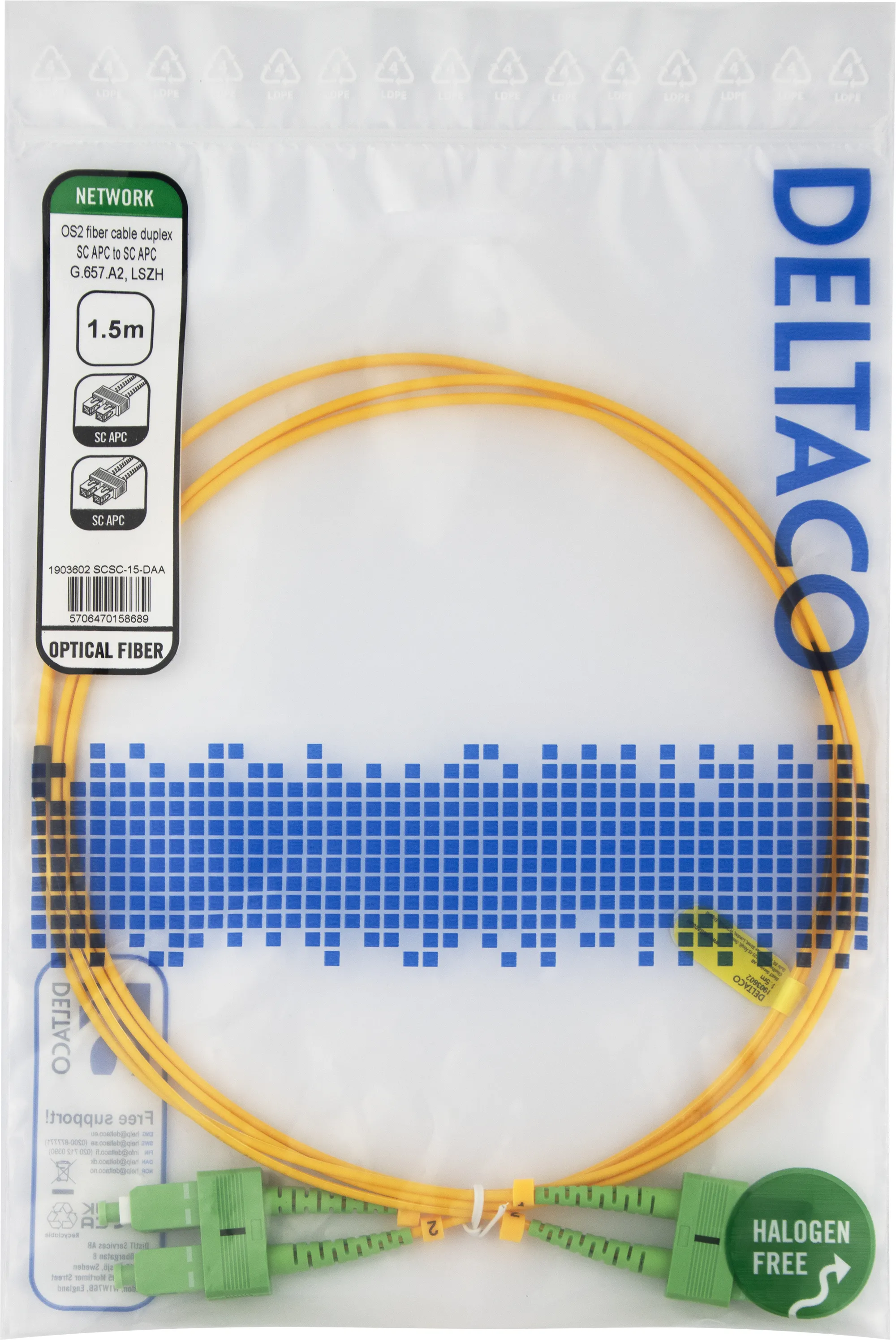 Deltaco OS2 LSZH SC-SC 1.5m Fiber Optic Cable, Yellow