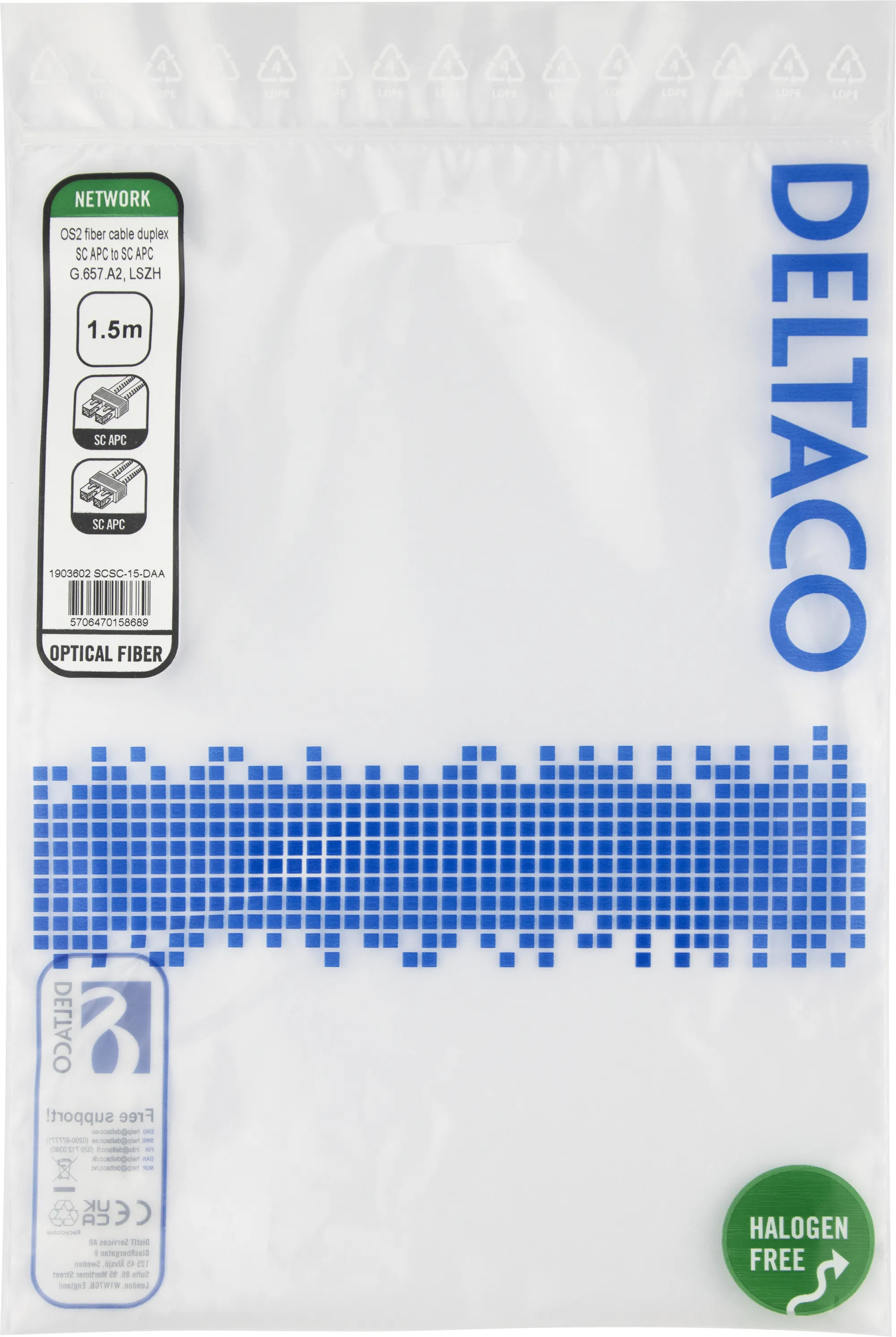 Deltaco OS2 LSZH SC-SC 1.5m Fiber Optic Cable, Yellow