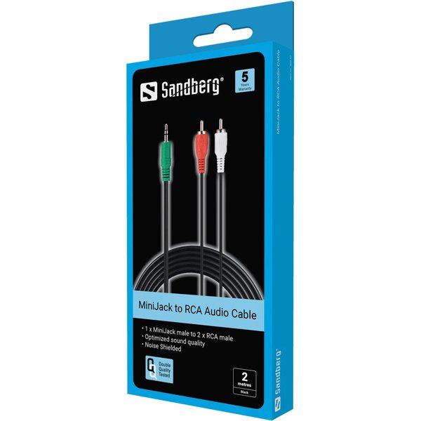 Sandberg 3.5mm TRS &ndash; 2 x RCA -audiokaapeli, uros/uros, 2 m, Musta