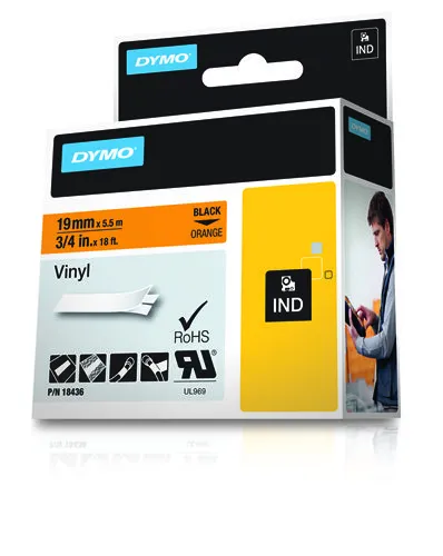 DYMO RhinoPRO m&auml;rktejp perm vinyl 19mm, svart p&aring; orange, 5.5m rulle