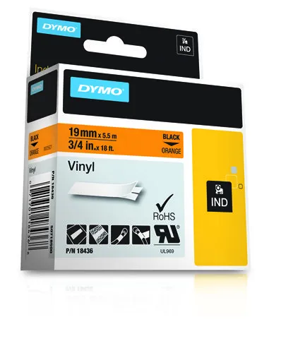DYMO RhinoPRO m&auml;rktejp perm vinyl 19mm, svart p&aring; orange, 5.5m rulle