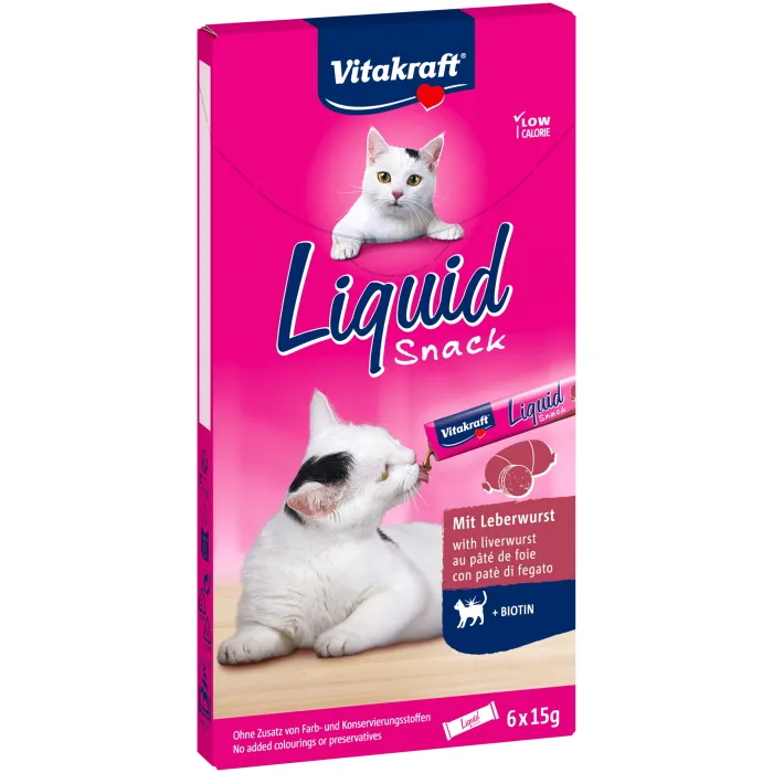 Vitakraft Liquid Snack Liver with Biotin, Wet food for cats, Junior, Skin and coat health, 6 x 15g