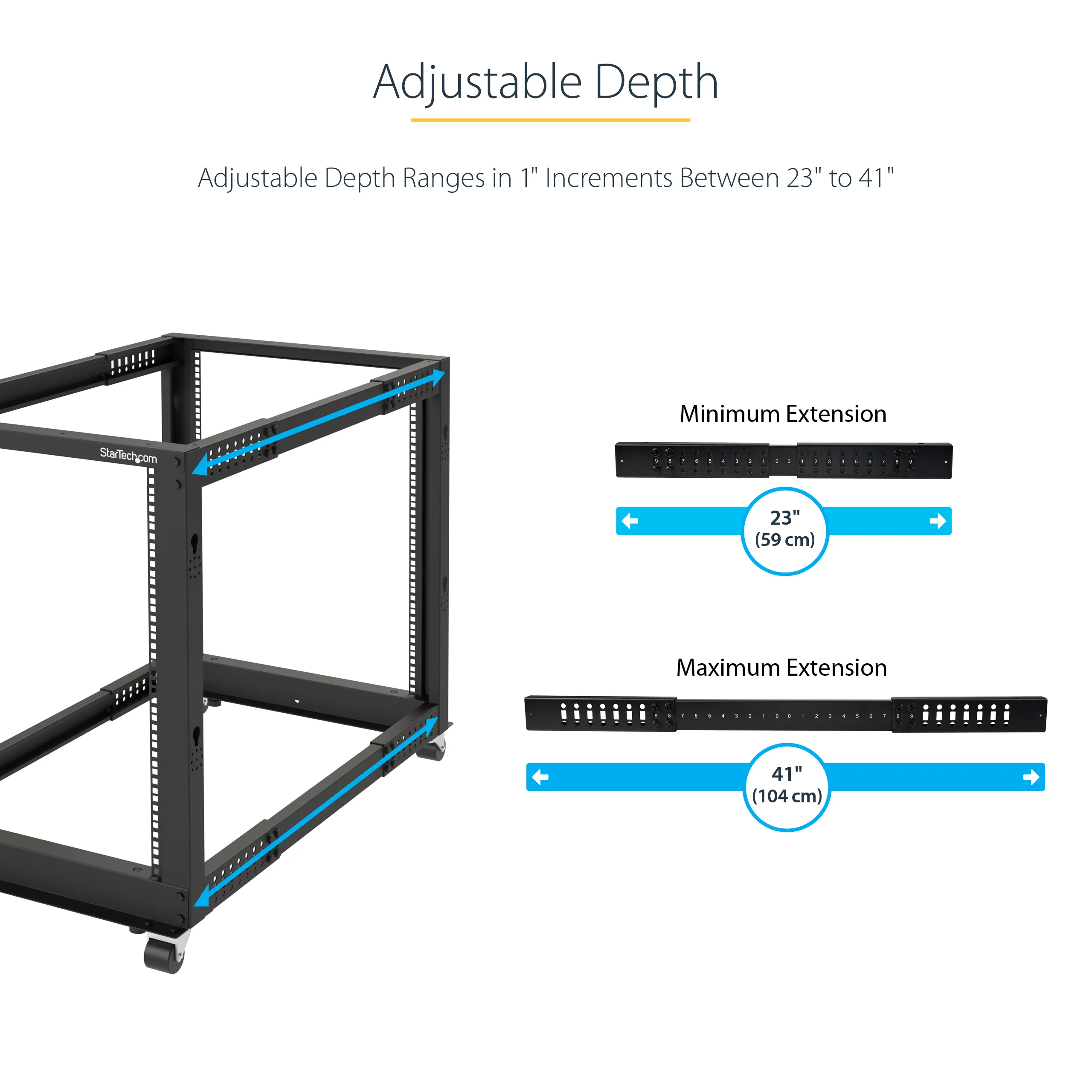 STARTECH.COM 15U Open Frame Rack - 4 Post - 22-40in. Adjustable Depth - 1200lb. Weight Capacity - w/ Casters and Cable Hooks