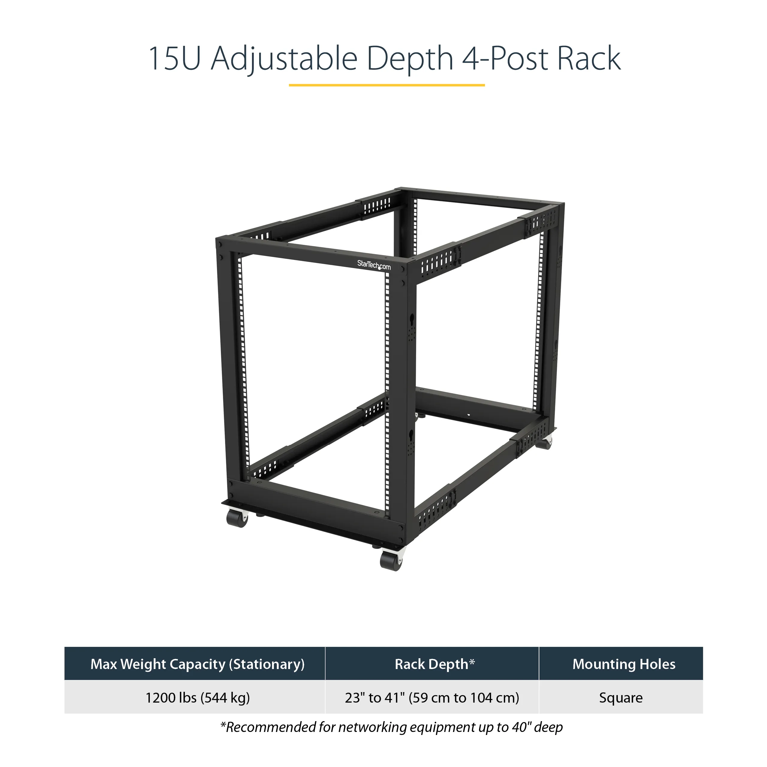 STARTECH.COM 15U Open Frame Rack - 4 Post - 22-40in. Adjustable Depth - 1200lb. Weight Capacity - w/ Casters and Cable Hooks