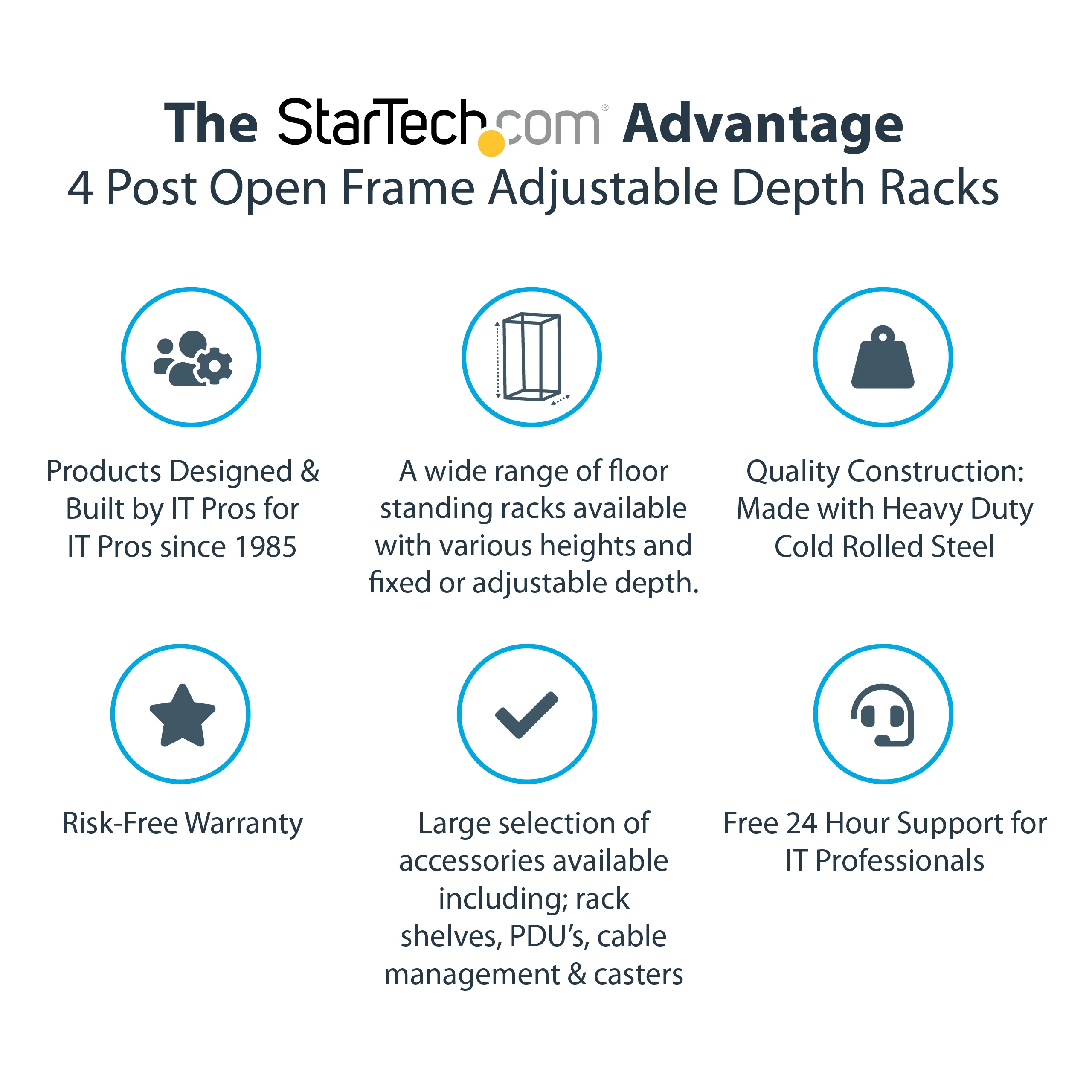 STARTECH.COM 15U Open Frame Rack - 4 Post - 22-40in. Adjustable Depth - 1200lb. Weight Capacity - w/ Casters and Cable Hooks