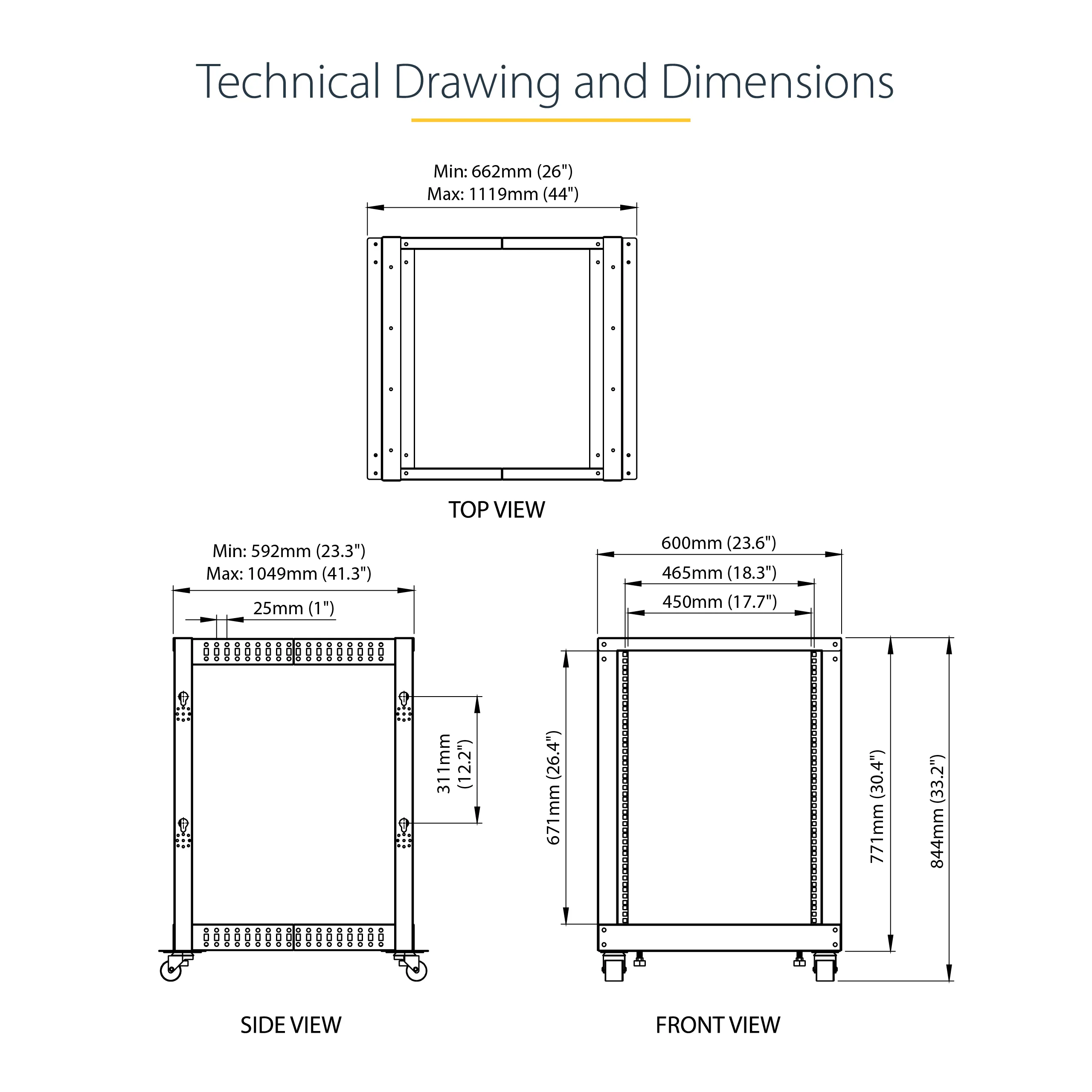 STARTECH.COM 15U Open Frame Rack - 4 Post - 22-40in. Adjustable Depth - 1200lb. Weight Capacity - w/ Casters and Cable Hooks