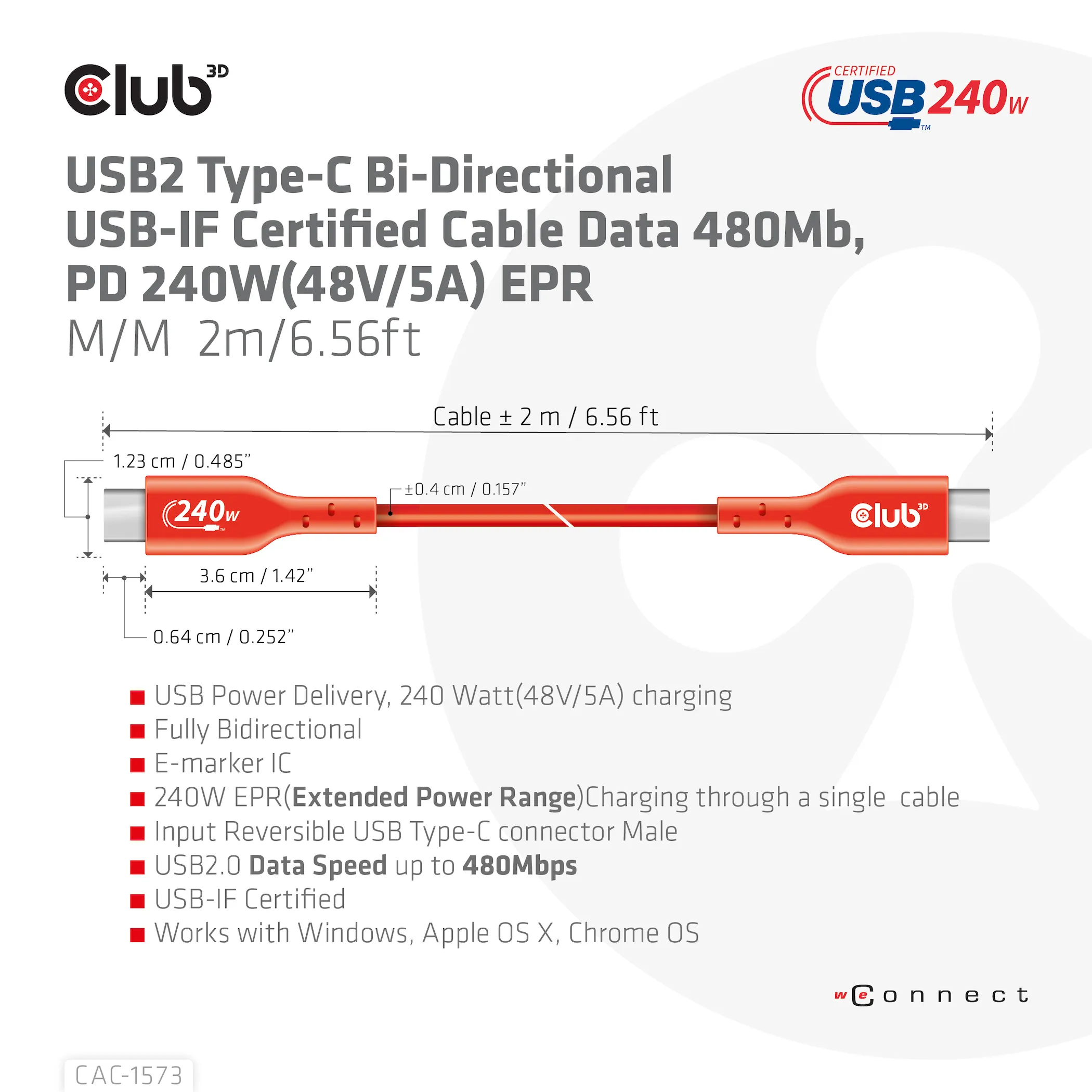 Club 3D 2.0 USB-C, 240W EPR -kaapeli, Punainen, 2m