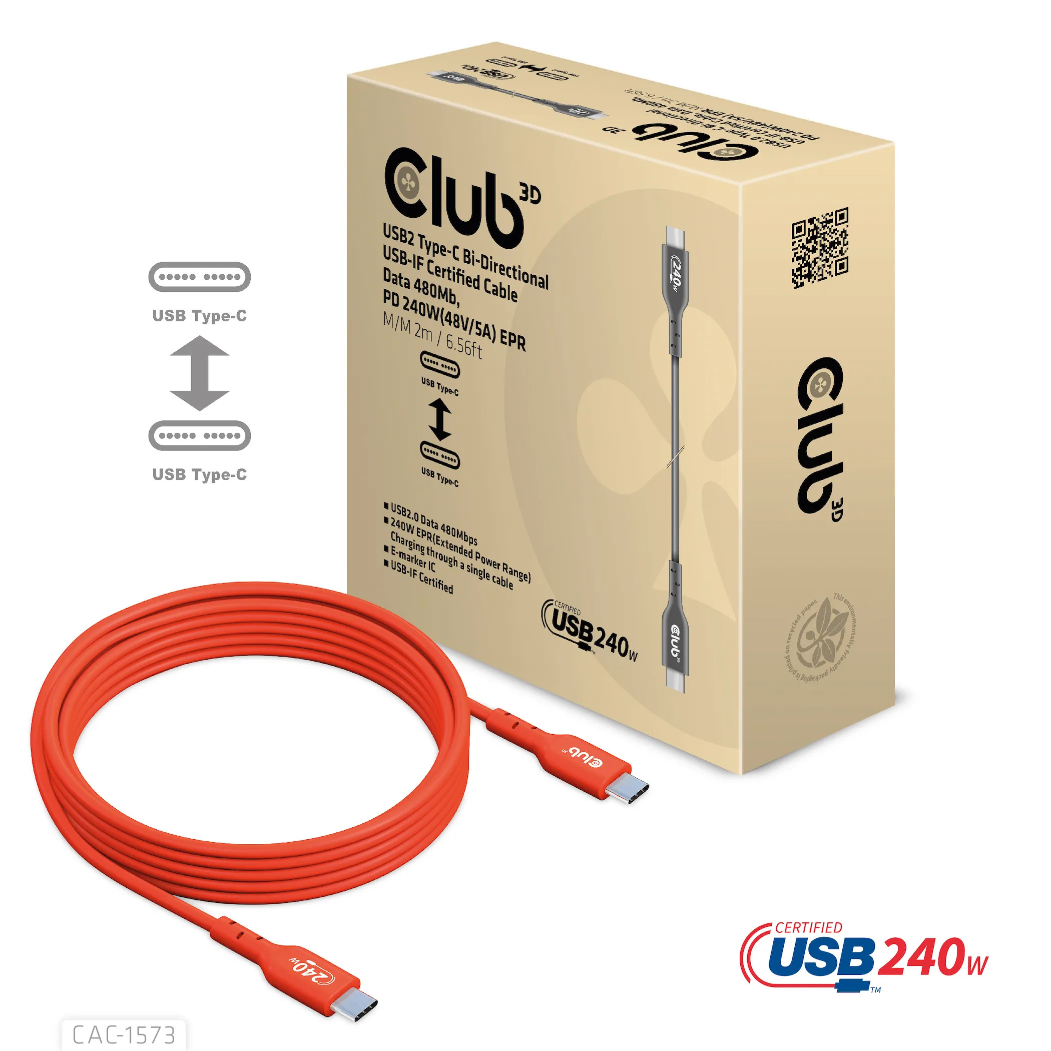 Club 3D 2.0 USB-C, 240W EPR -kaapeli, Punainen, 2m