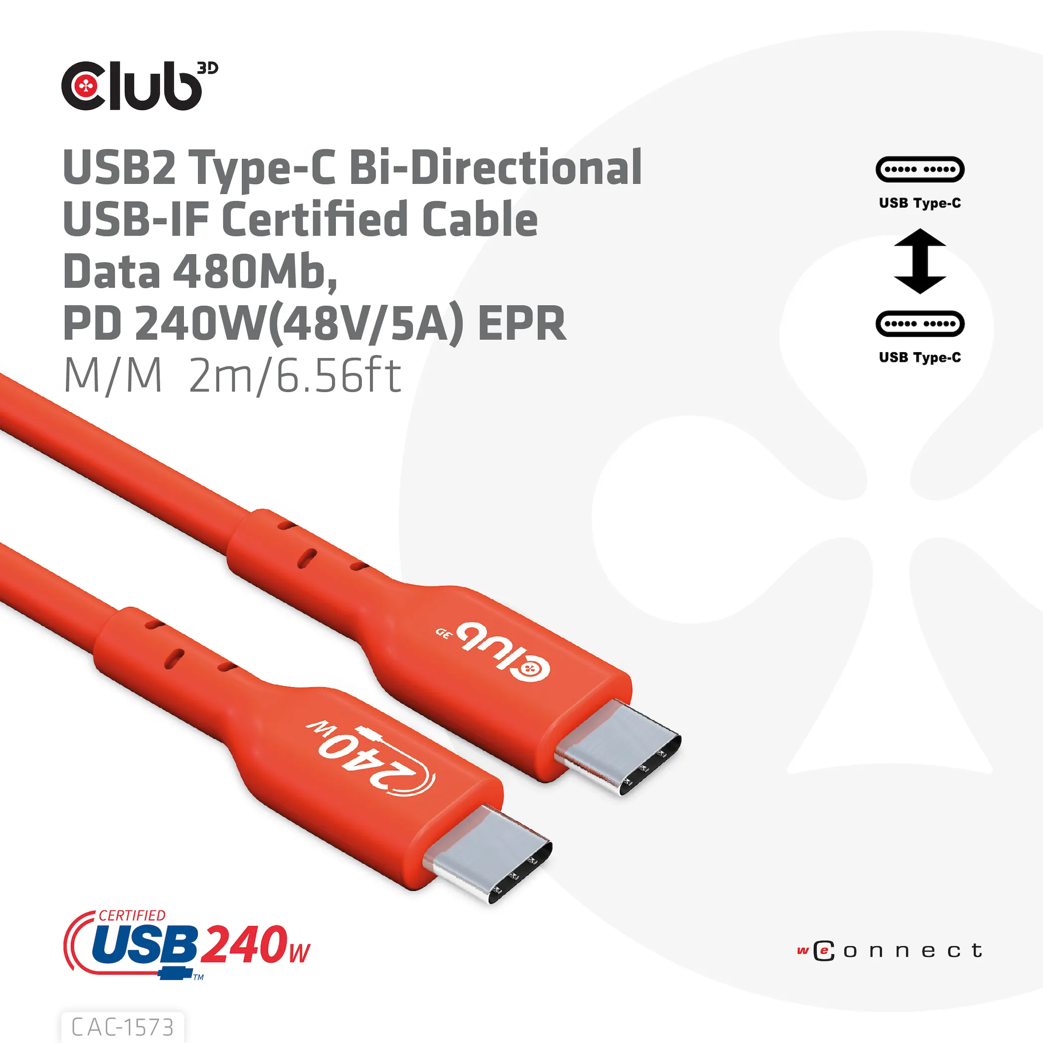 Club 3D 2.0 USB-C, 240W EPR -kaapeli, Punainen, 2m