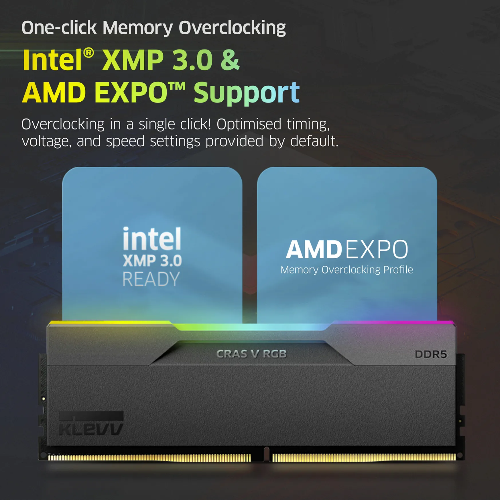 KLEVV CRAS V RGB 32 Gt (2 x 16 Gt) DDR5 6000 MHz, CL30 -muisti (EXPO, XMP)