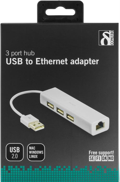 DELTACO USB 2.0 verkkoadapteri USB-hubilla, 10/100Mbps, 3xUSB