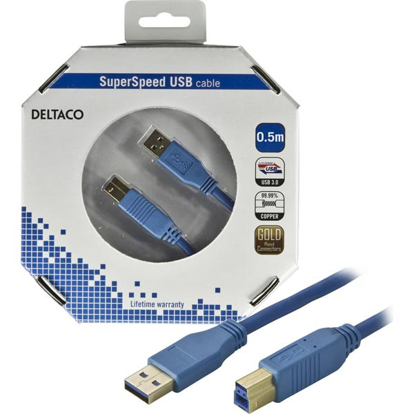 DELTACO USB 3.0 kabel, Typ A hane - Typ B hane, 0,5m, bl&aring;