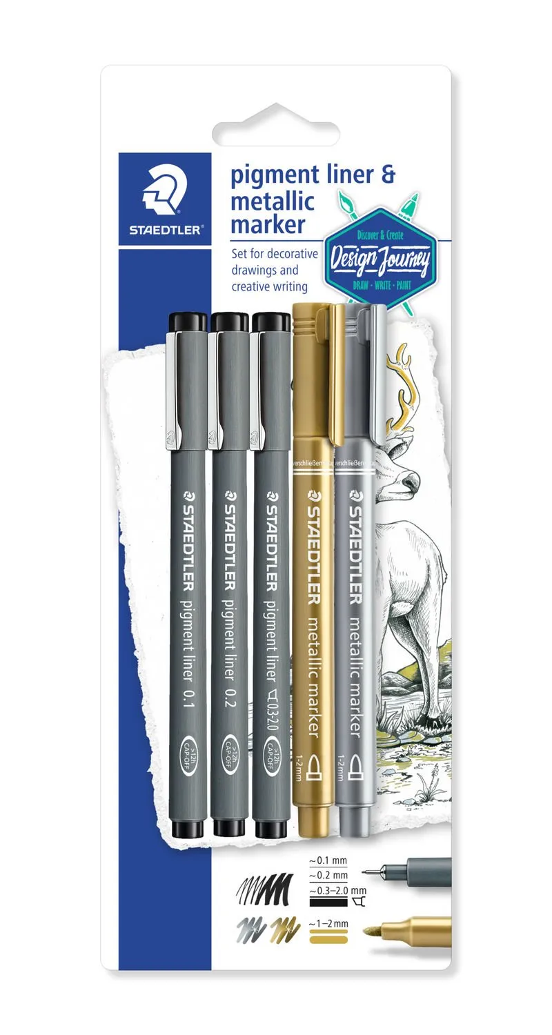 Fineliner pigment liner black + silver and gold (3+2)
