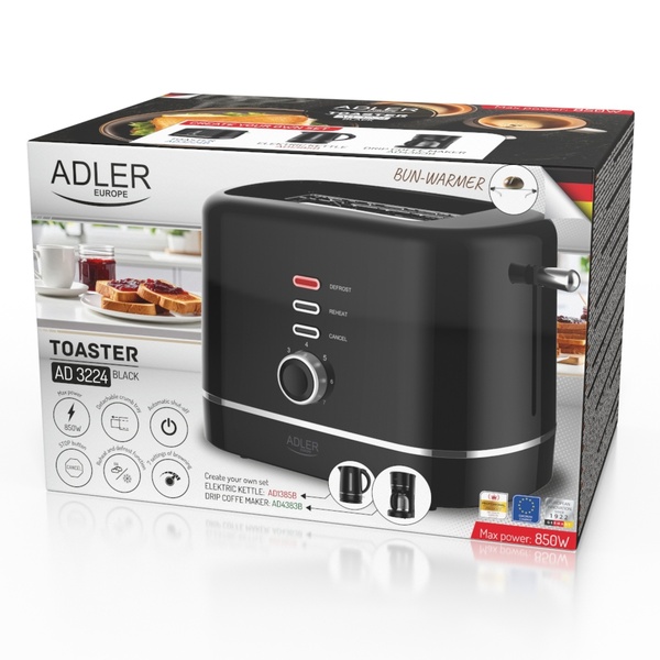 Adler AD 3224b 2-Slice Toaster with Bun Rack, 7 Browning Levels, 850 Watt, Black