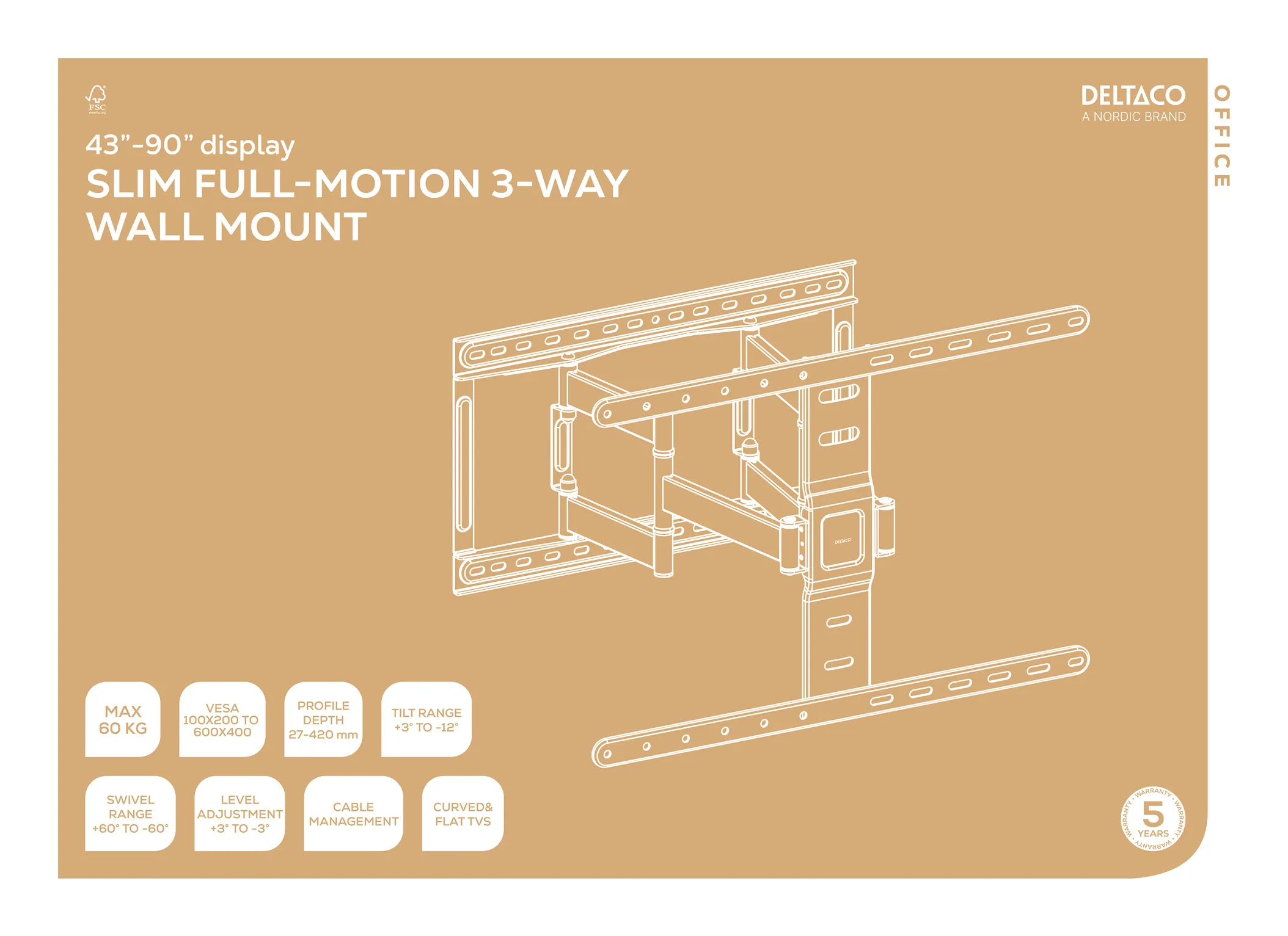 Deltaco Office UltraSlim FullMotion TV-sein&auml;teline, 43&ndash;90", 60 kg, musta