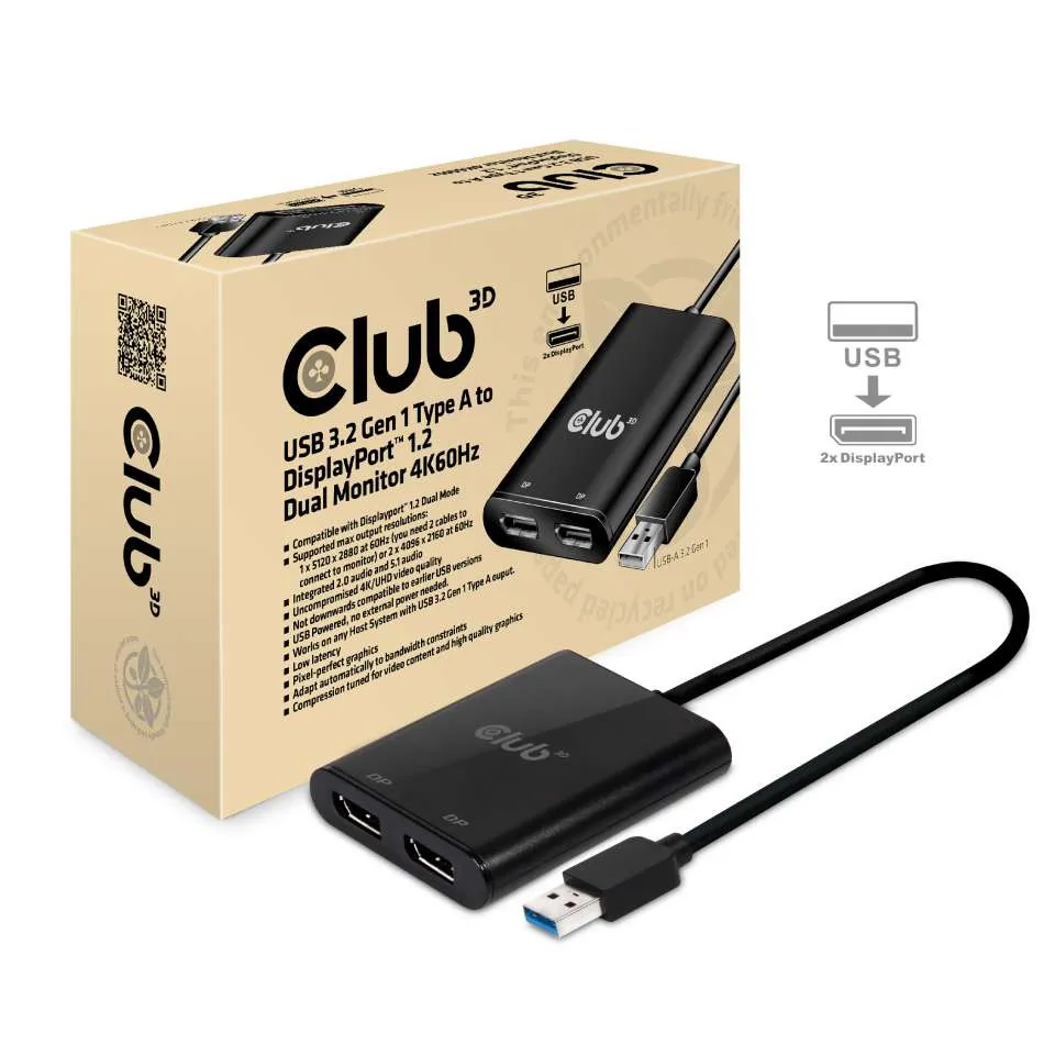 Club 3D 3.2 Gen1 USB-A - DisplayPort 1.2 Dual Monitor -sovitin, 4K60Hz, Musta