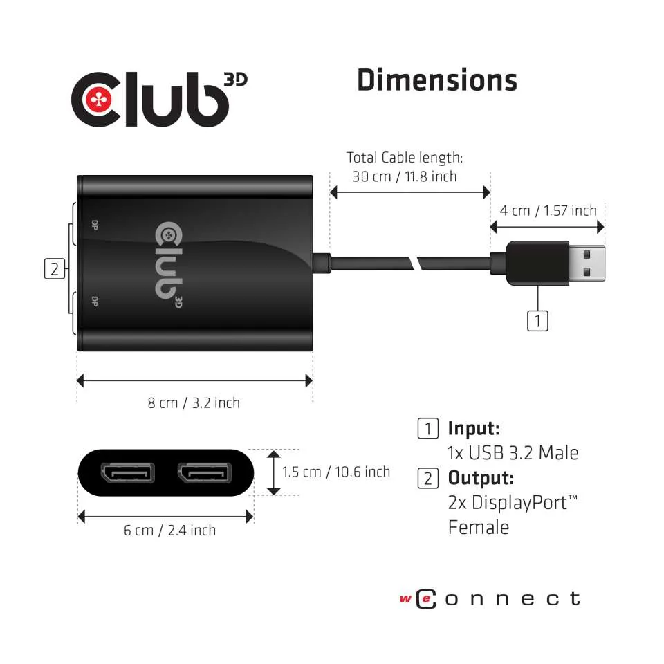 Club 3D 3.2 Gen1 USB-A - DisplayPort 1.2 Dual Monitor -sovitin, 4K60Hz, Musta