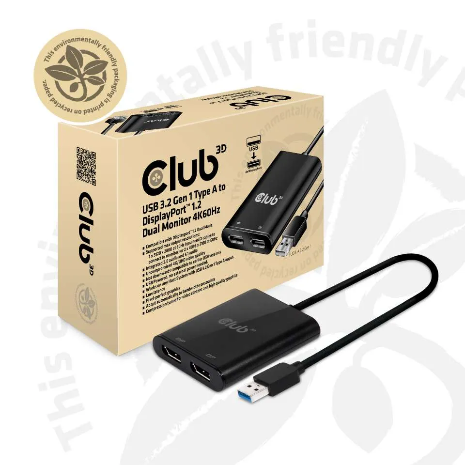 Club 3D 3.2 Gen1 USB-A - DisplayPort 1.2 Dual Monitor -sovitin, 4K60Hz, Musta