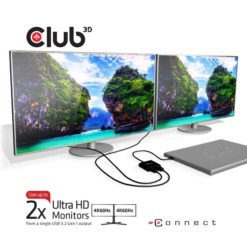 Club 3D 3.2 Gen1 USB-A - DisplayPort 1.2 Dual Monitor -sovitin, 4K60Hz, Musta