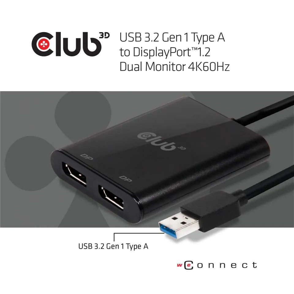 Club 3D 3.2 Gen1 USB-A - DisplayPort 1.2 Dual Monitor -sovitin, 4K60Hz, Musta