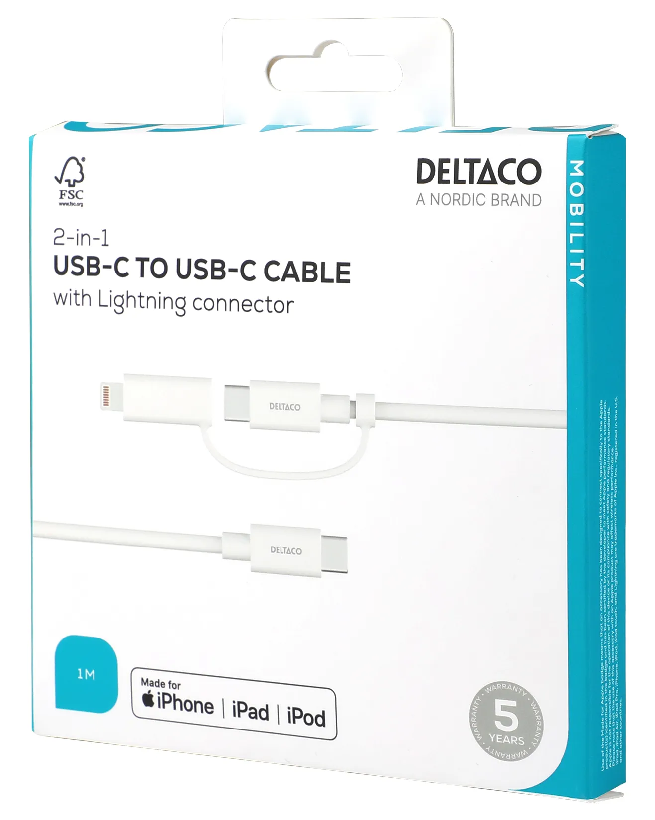 Deltaco USB-C - USB-C + Lightning, C94 - cable, White, 1m