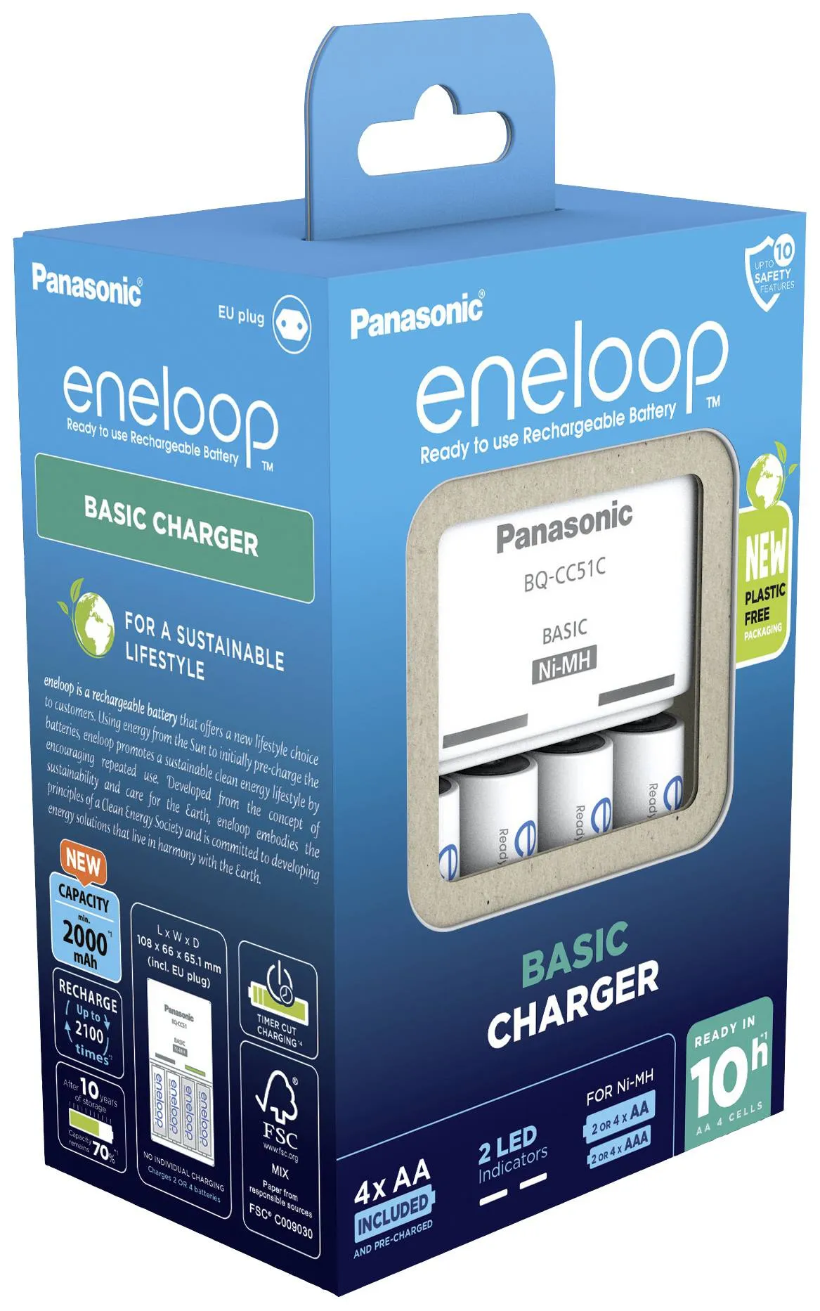 Panasonic Eneloop akkulaturi BQ-CC51 (10h) ja 4 x R6/AA Eneloop 2000mAh akku