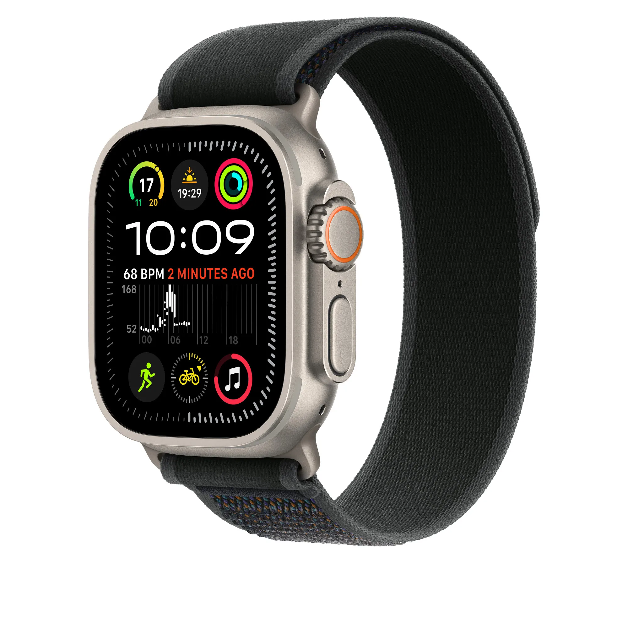 Apple Watch 49 mm -Trail-ranneke, Musta / Luonnontitaani, S/M