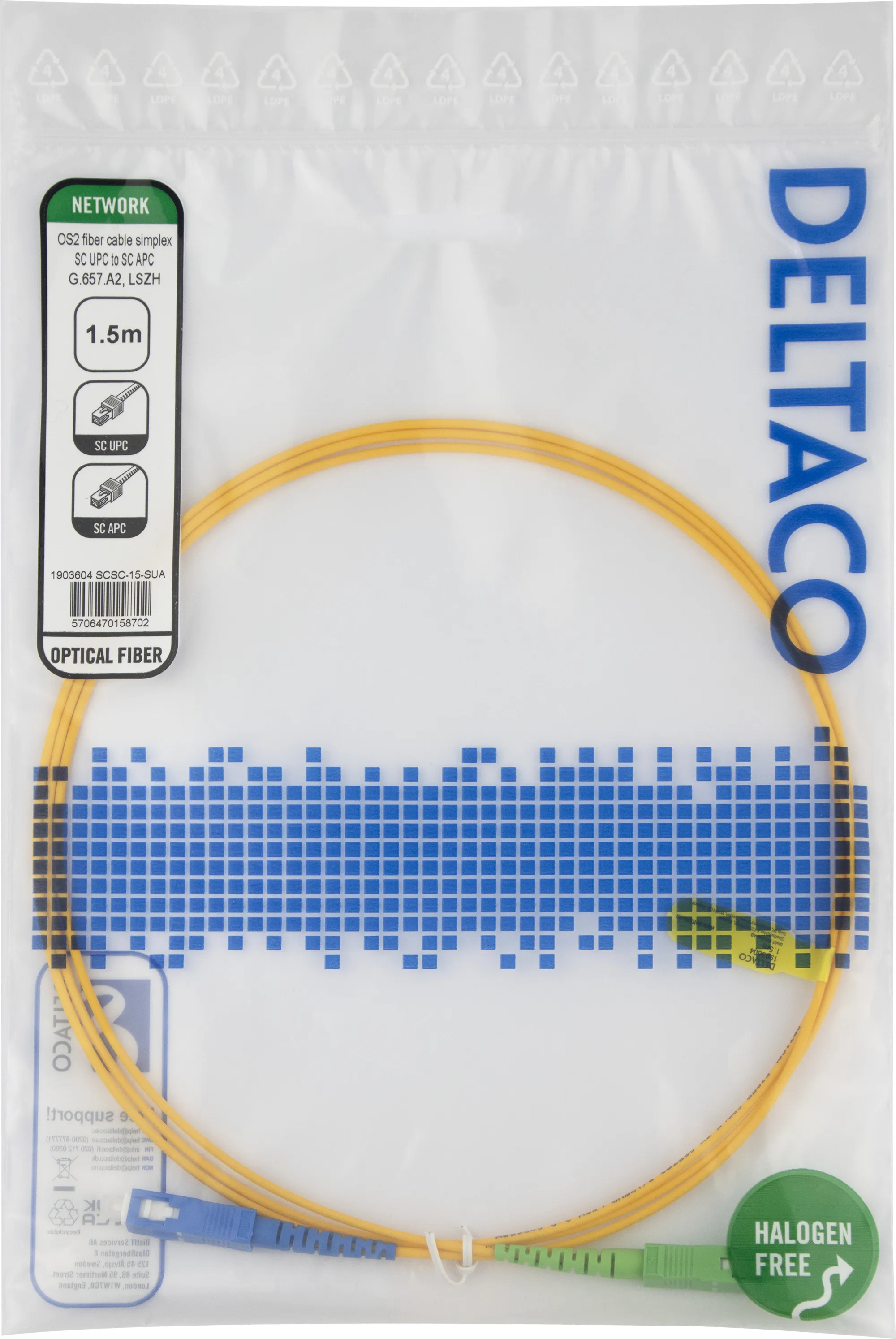 Deltaco OS2 LSZH SC-SC 1.5m Fiber Optic Cable, Yellow