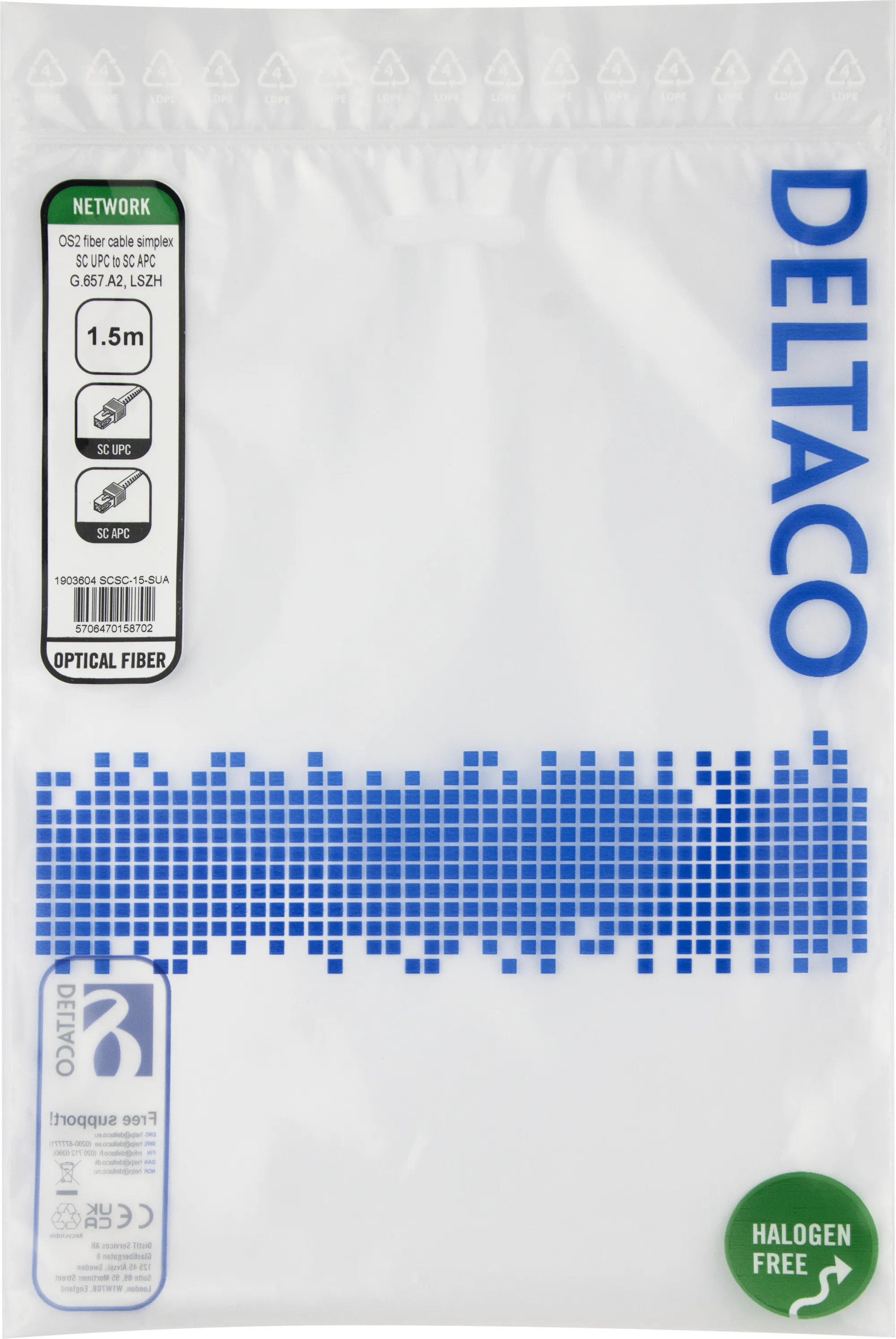 Deltaco OS2 LSZH SC-SC 1.5m Fiber Optic Cable, Yellow