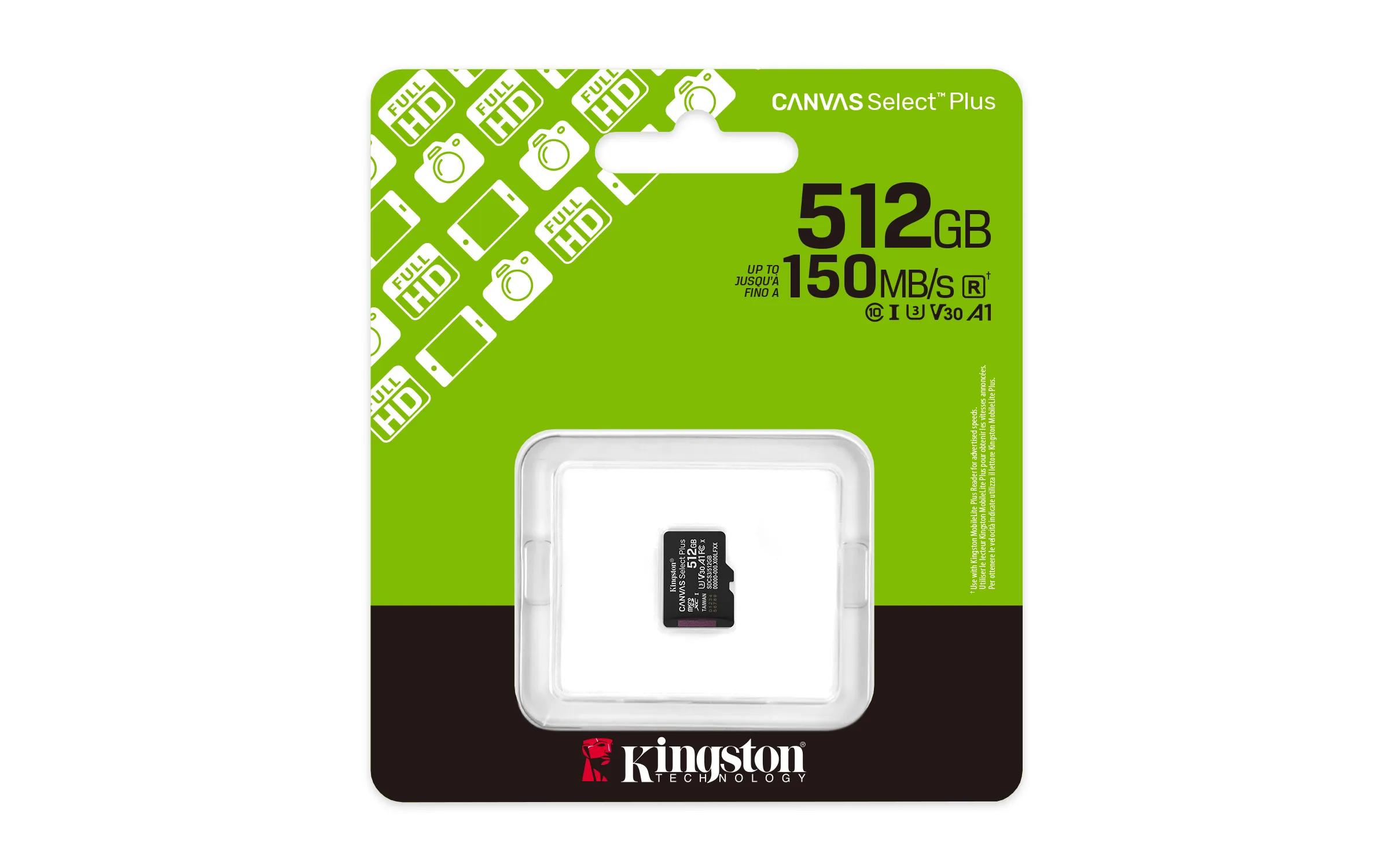 Kingston Canvas Select Plus 512 GB MicroSDXC UHS-I U3 V30 A1 kort + SD-adapter, svart