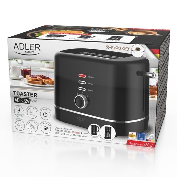 Adler AD 3224b 2-Slice Toaster with Bun Rack, 7 Browning Levels, 850 Watt, Black