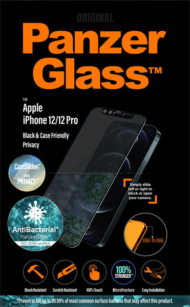 PanzerGlass Case Friendly, CamSlider, Privacy, iPhone 12 / 12 Pro - Screen Glass PanzerGlass Case Friendly, CamSlider, Privacy, iPhone 12 / 12 Pro - Screen Glass