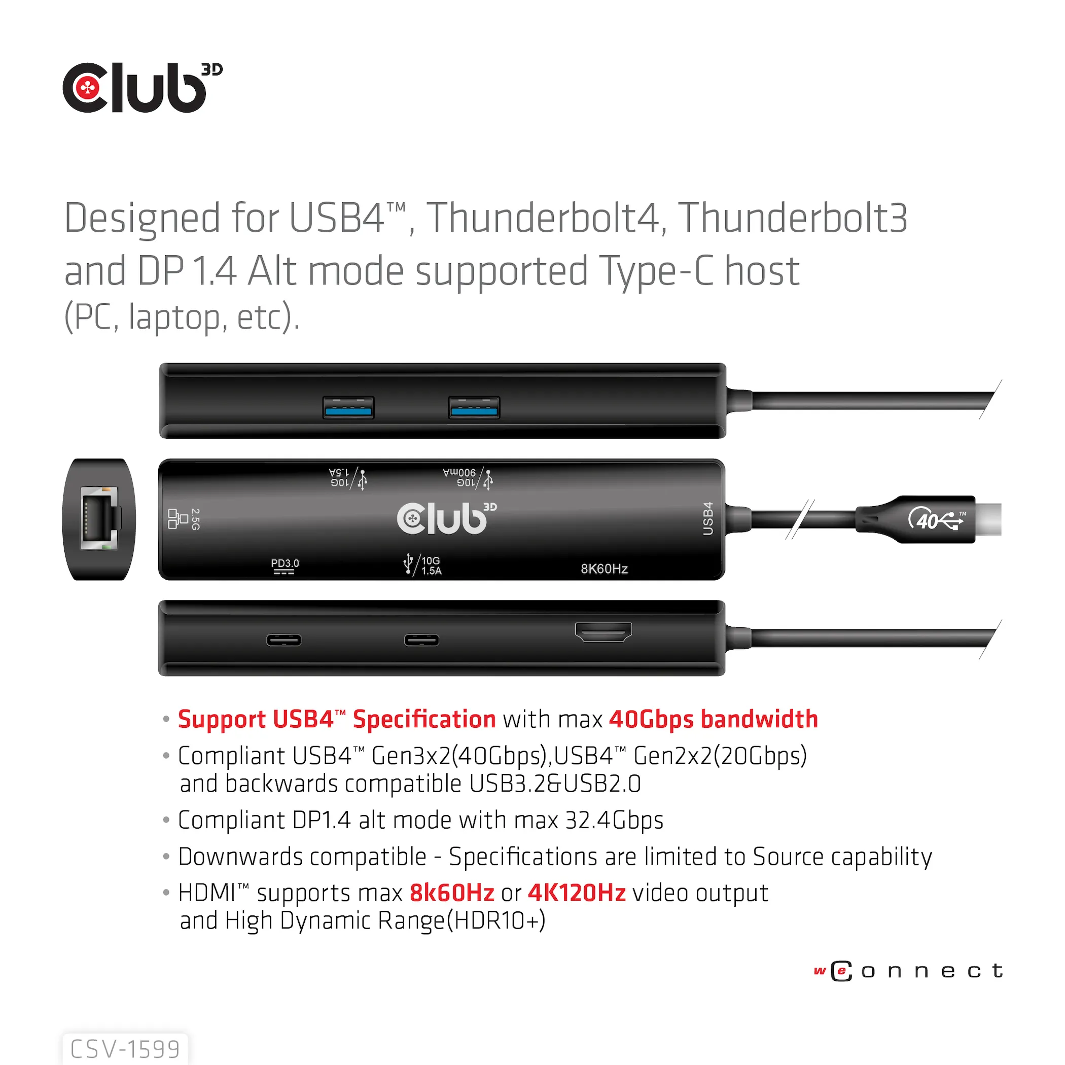 Club 3D USB4 Gen3x2 USB-C 6-in-1 - hub, Svart