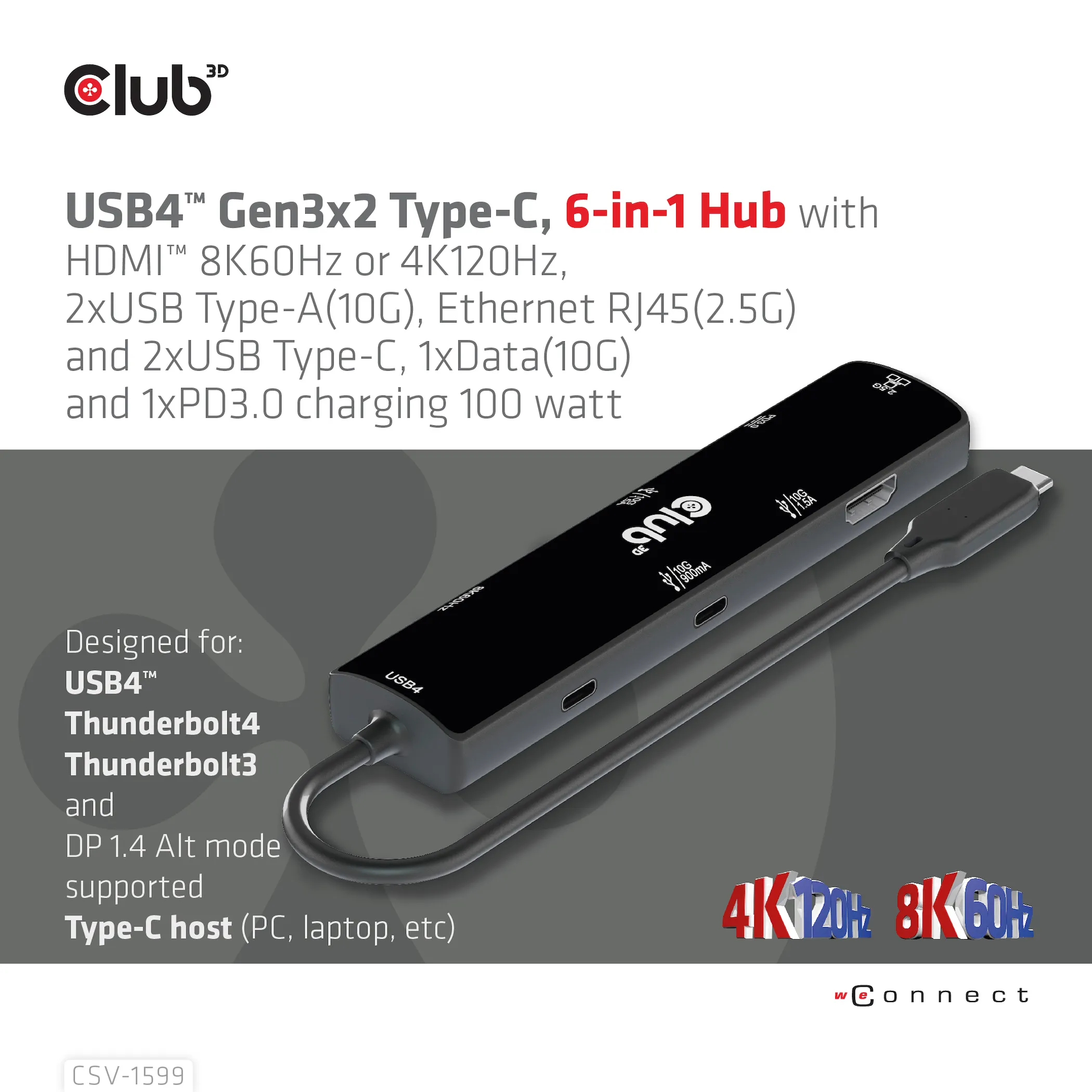 Club 3D USB4 Gen3x2 USB-C 6-in-1 - hub, Svart