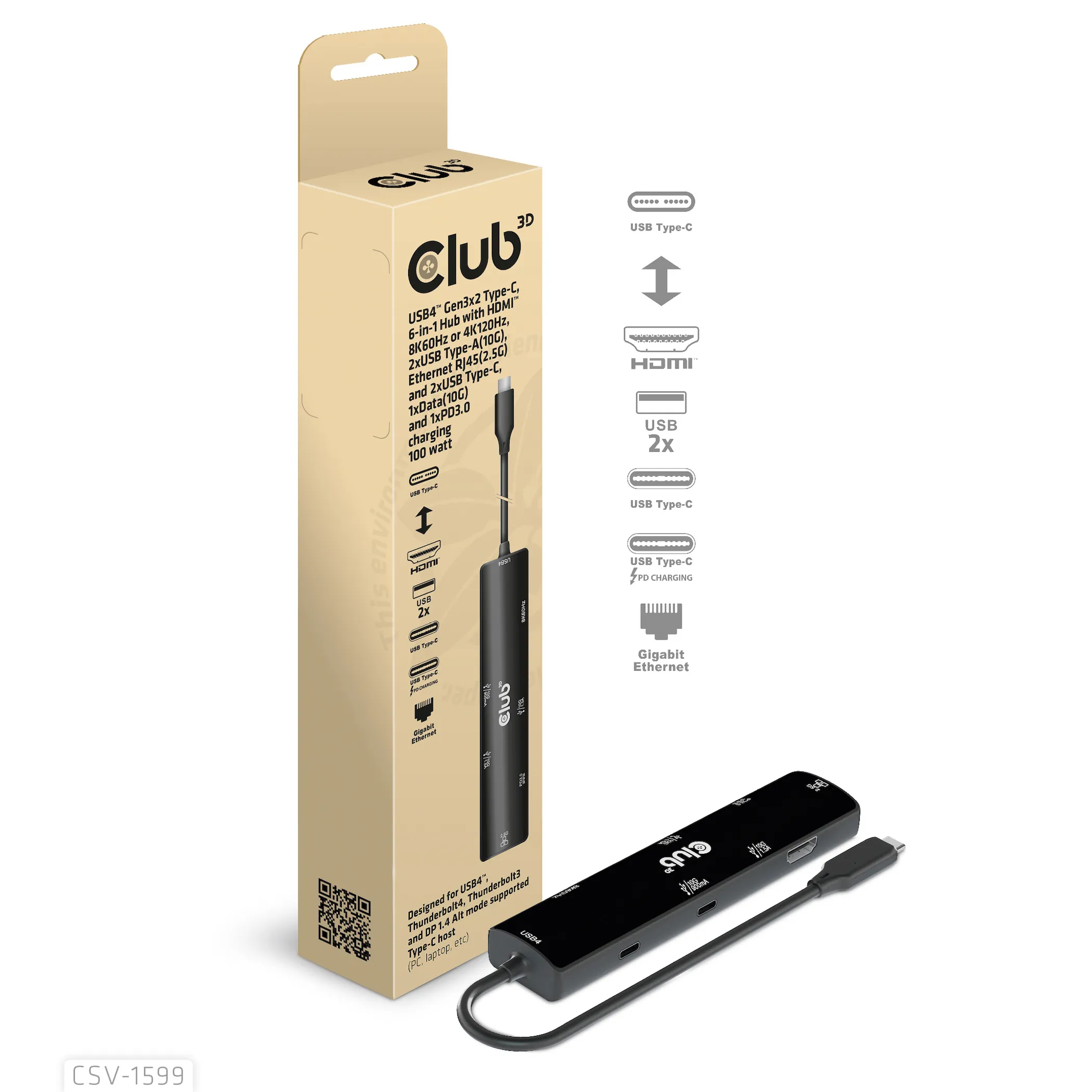 Club 3D USB4 Gen3x2 USB-C 6-in-1 - hub, Svart