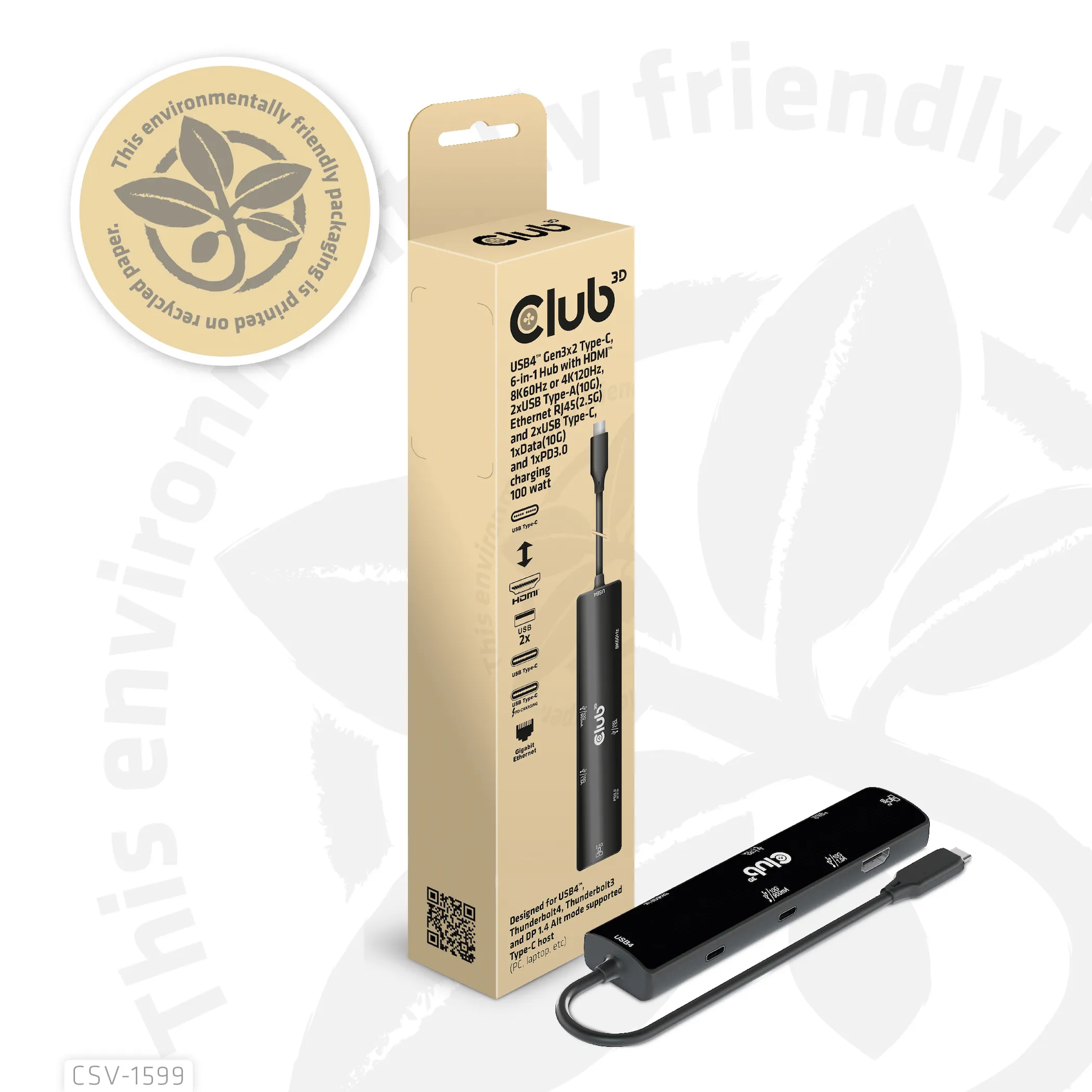 Club 3D USB4 Gen3x2 USB-C 6-in-1 - hub, Svart