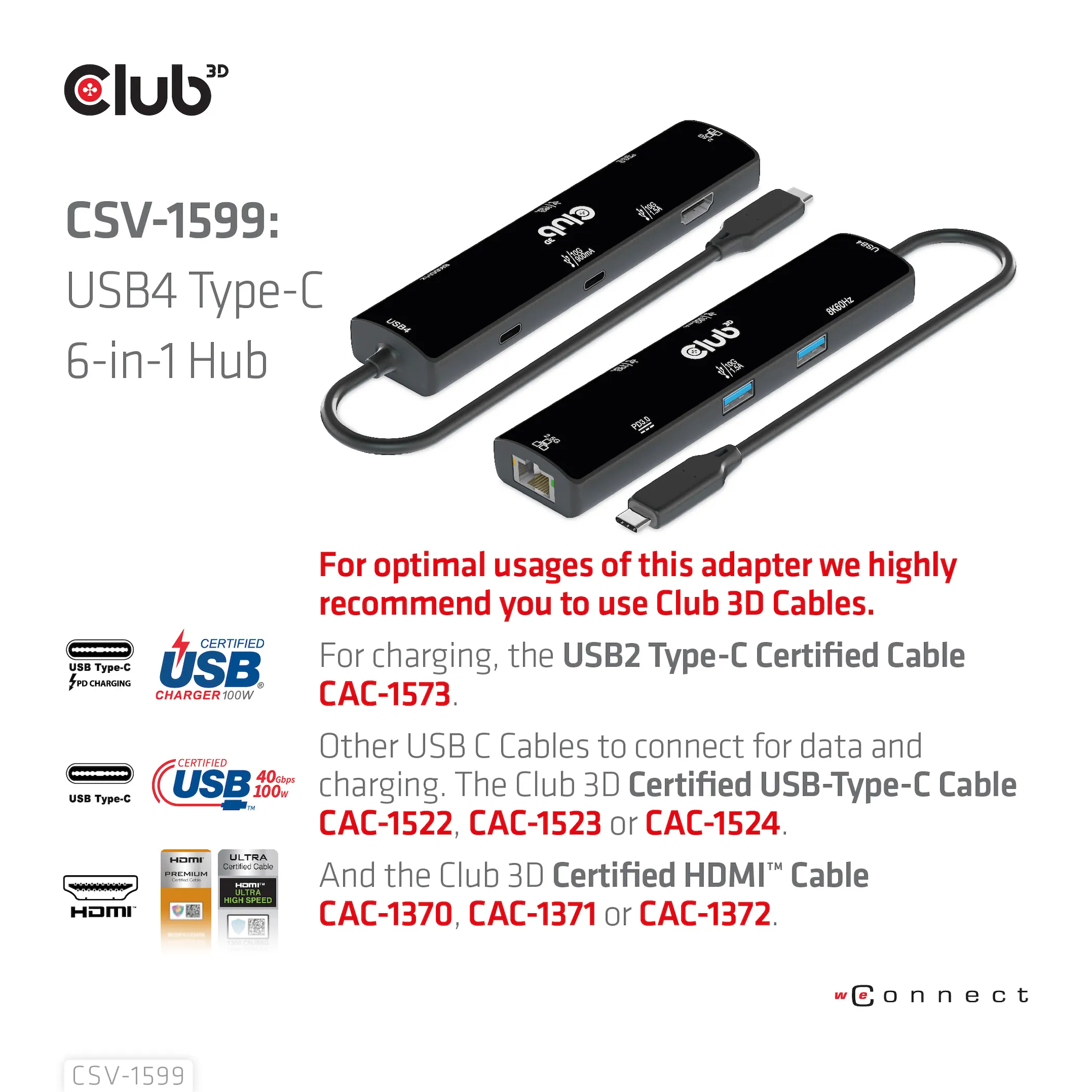 Club 3D USB4 Gen3x2 USB-C 6-in-1 - hub, Svart