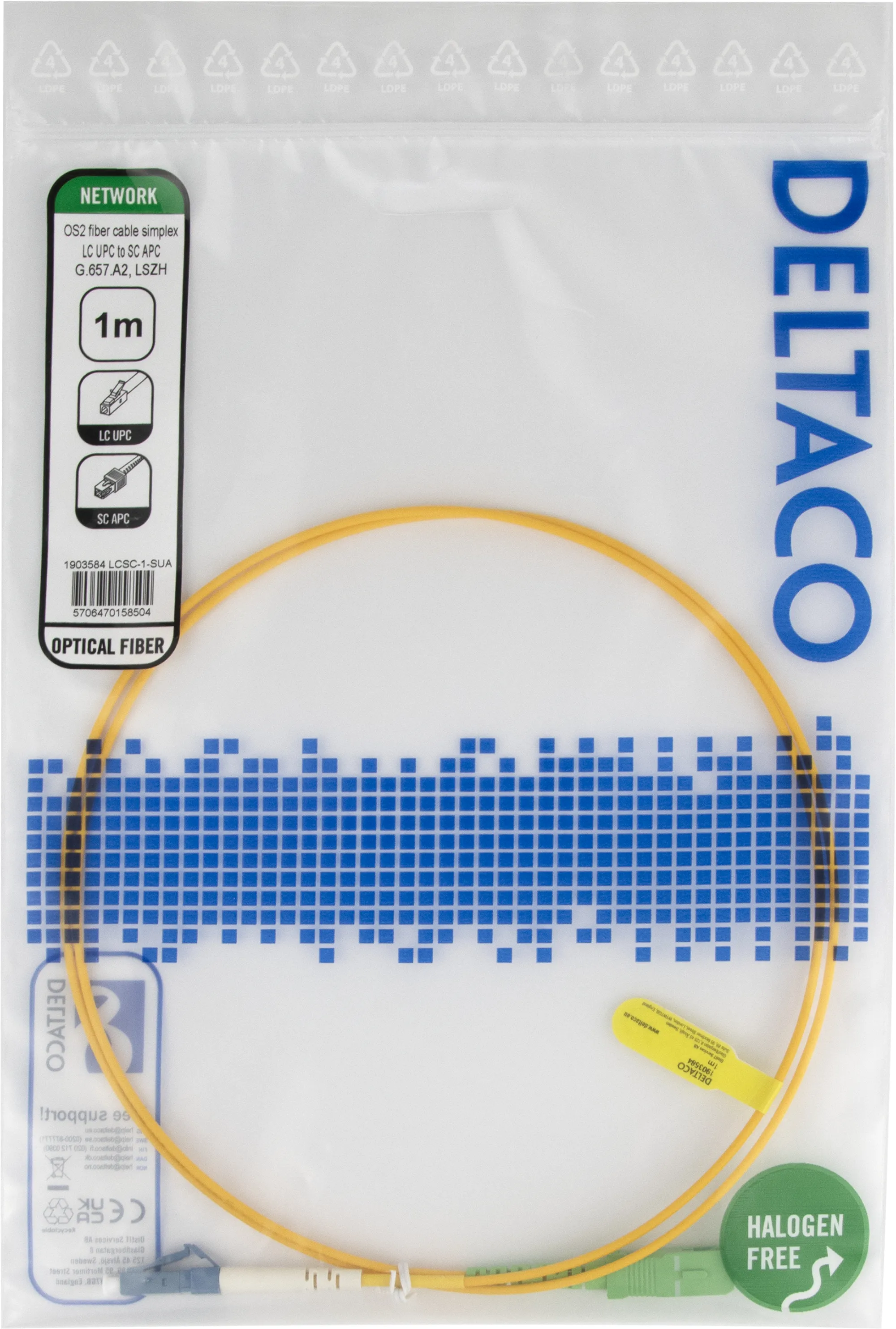 Deltaco OS2 LSZH LC-SC 1m Fiber Optic Cable, Yellow