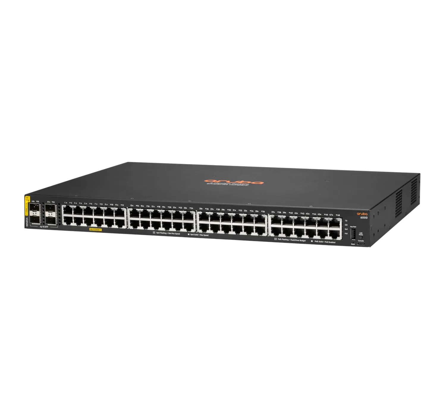 HPE Aruba 6000 48G Class4 PoE 4SFP 370W Switch - Kytkin - Hallinnoitu - 48 x 10/100/1000 (PoE+) + 4 x Gigabit SFP - sivusta sivuun ilmavirtaus - r&auml;kkiin asennet