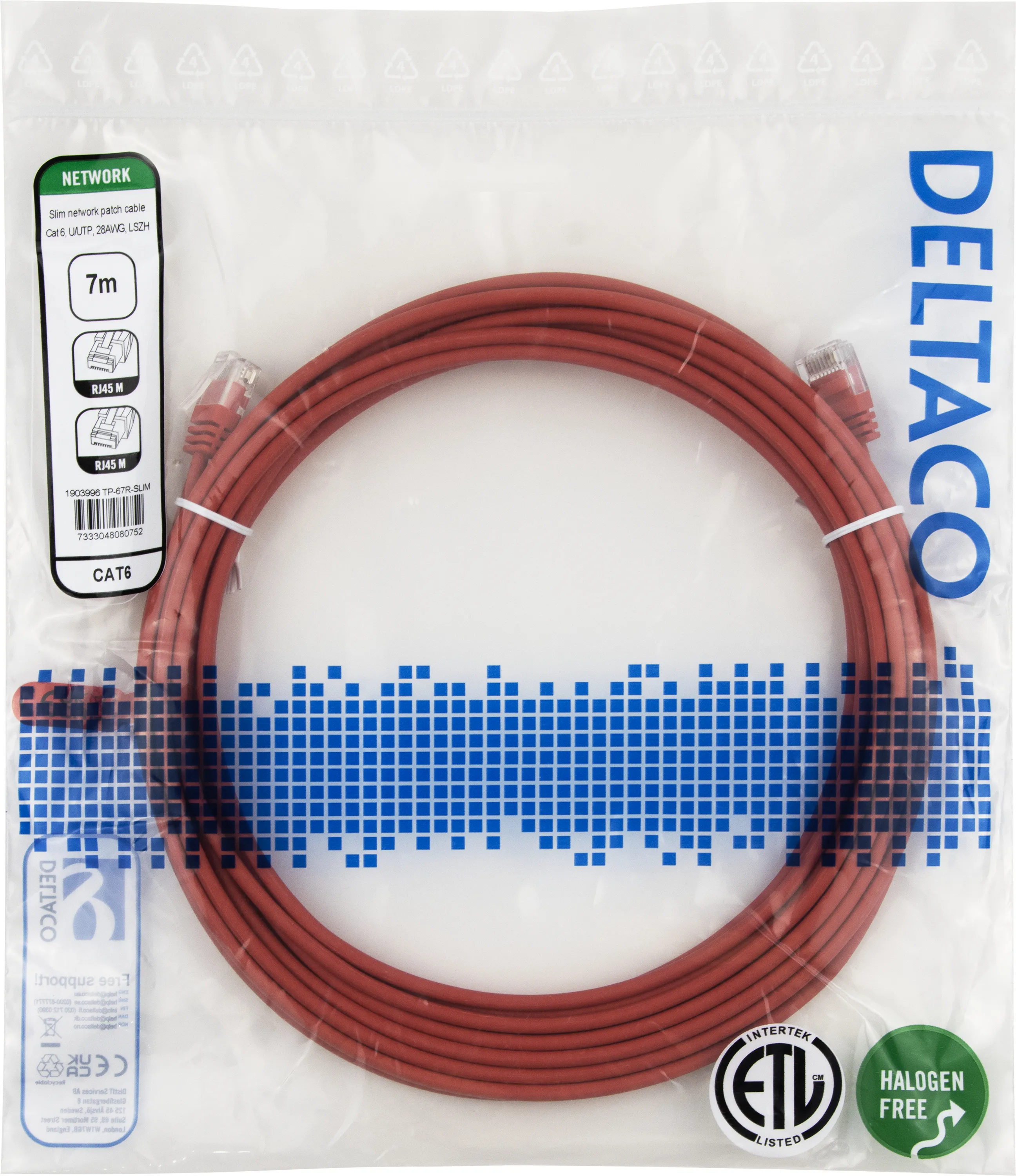 Deltaco Cat6 UTP RJ45 7m Network Cable, Red
