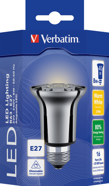Verbatim LED-kohdelamppu E27 8W 320 Lumen - Kelvin 2800 l&auml;mmin valkoinen - 35 000h k&auml;ytt&ouml;ik&auml;! Himmennett&auml;v&auml;