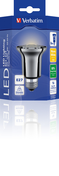 Verbatim LED-kohdelamppu E27 8W 320 Lumen - Kelvin 2800 l&auml;mmin valkoinen - 35 000h k&auml;ytt&ouml;ik&auml;! Himmennett&auml;v&auml;