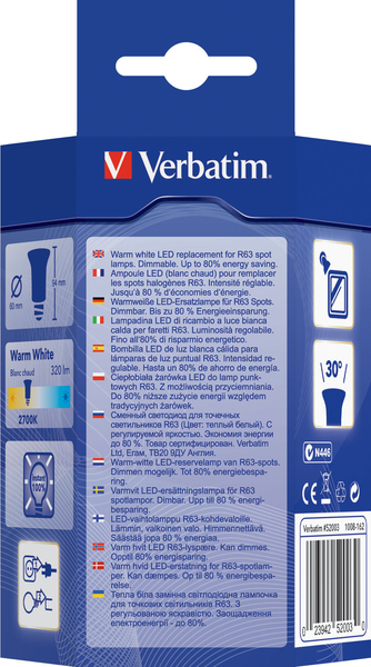 Verbatim LED-kohdelamppu E27 8W 320 Lumen - Kelvin 2800 l&auml;mmin valkoinen - 35 000h k&auml;ytt&ouml;ik&auml;! Himmennett&auml;v&auml;