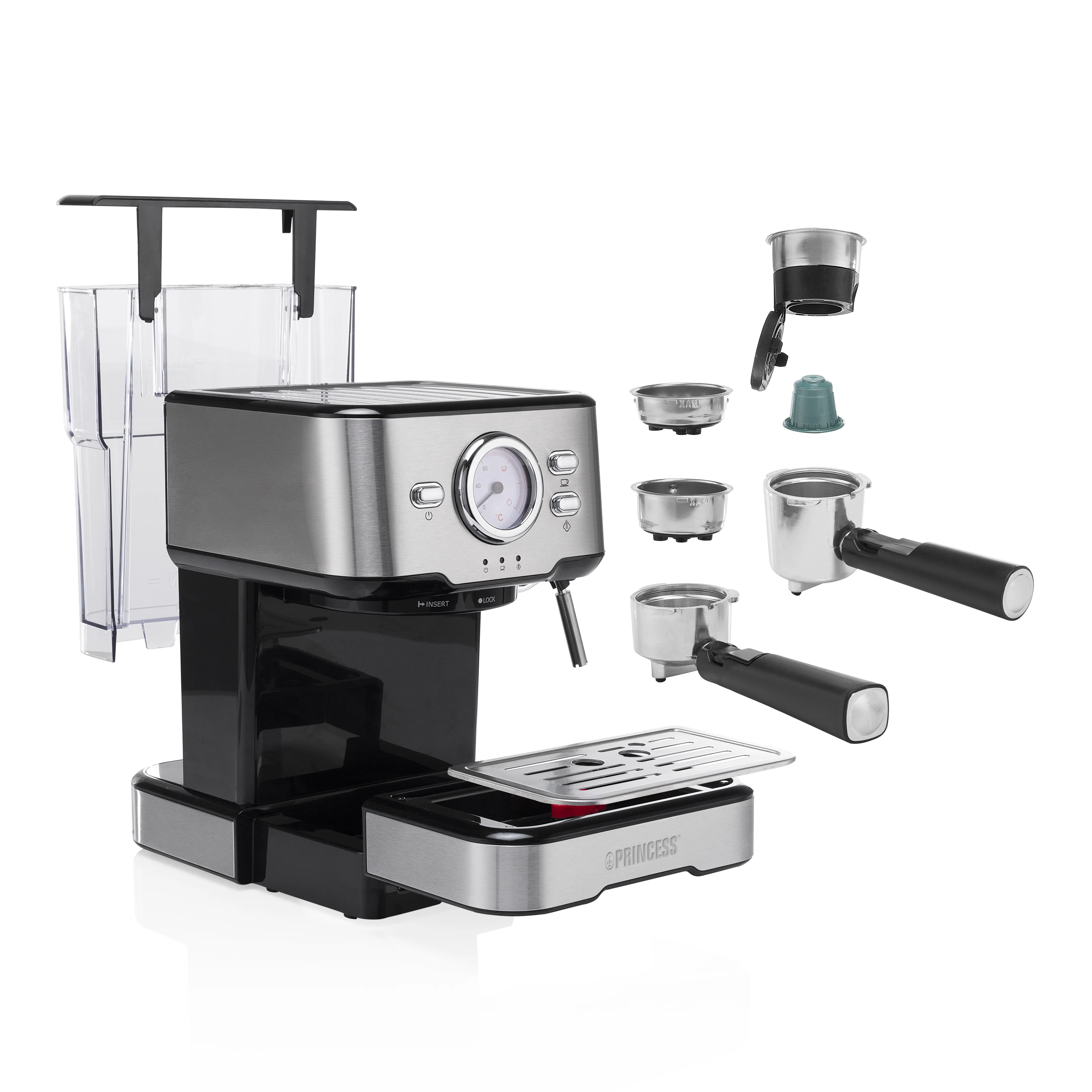 Princess 01.249412.01.001 Espresso Machine, 1.5L, Black and Stainless Steel