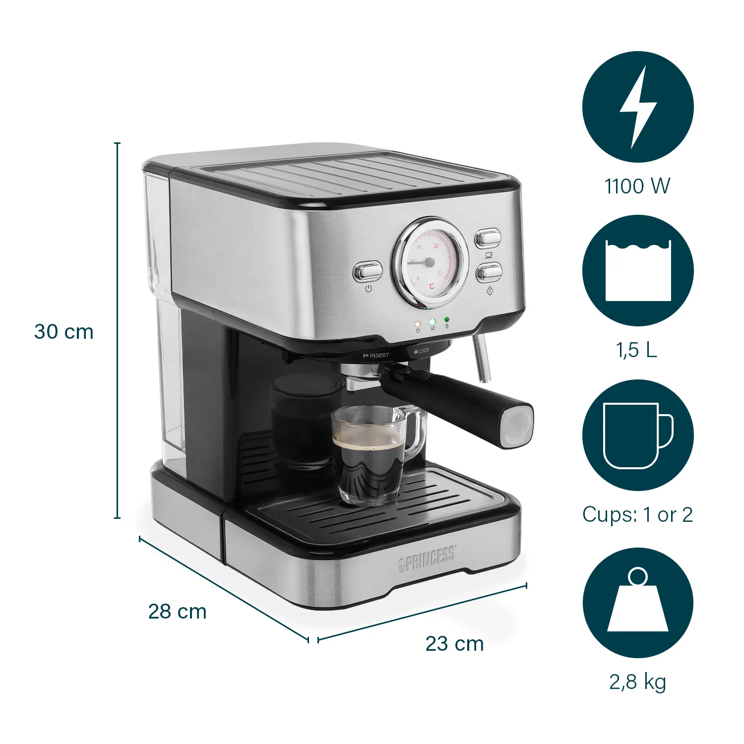 Princess 01.249412.01.001 Espresso Machine, 1.5L, Black and Stainless Steel