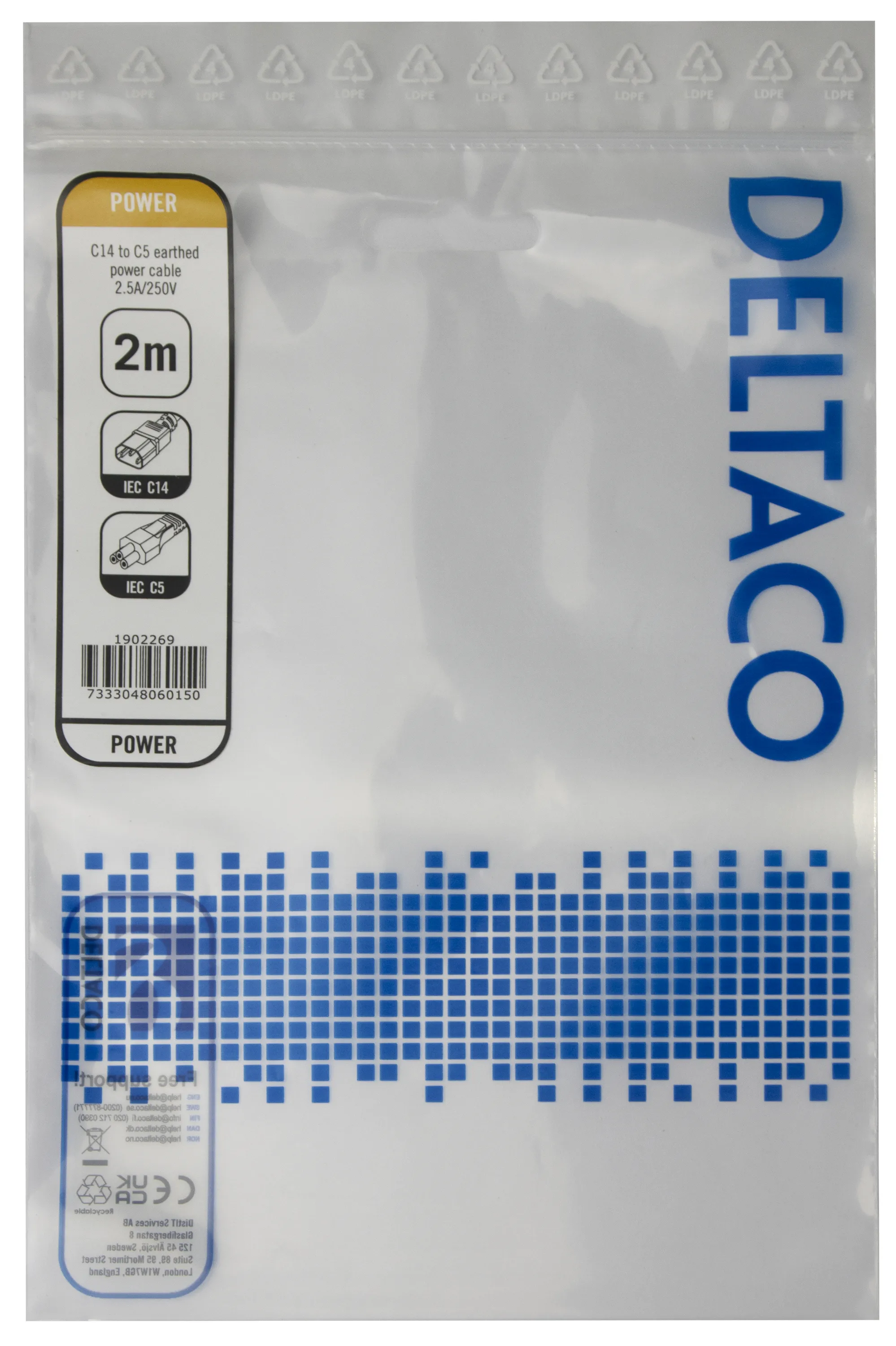 Deltaco IEC C14 - IEC C5 - strömkabel, Svart, 2m Deltaco IEC C14 - IEC C5 - strömkabel, Svart, 2m