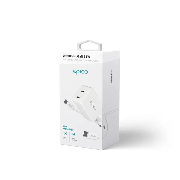 Epico UltraBoost GaN 35W Wall Charger EA35 with 1.2m USB-C to USB-C Cable | White | 2 &times; USB-C PD