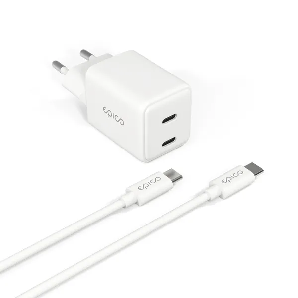 Epico UltraBoost GaN 35W Wall Charger EA35 with 1.2m USB-C to USB-C Cable | White | 2 &times; USB-C PD
