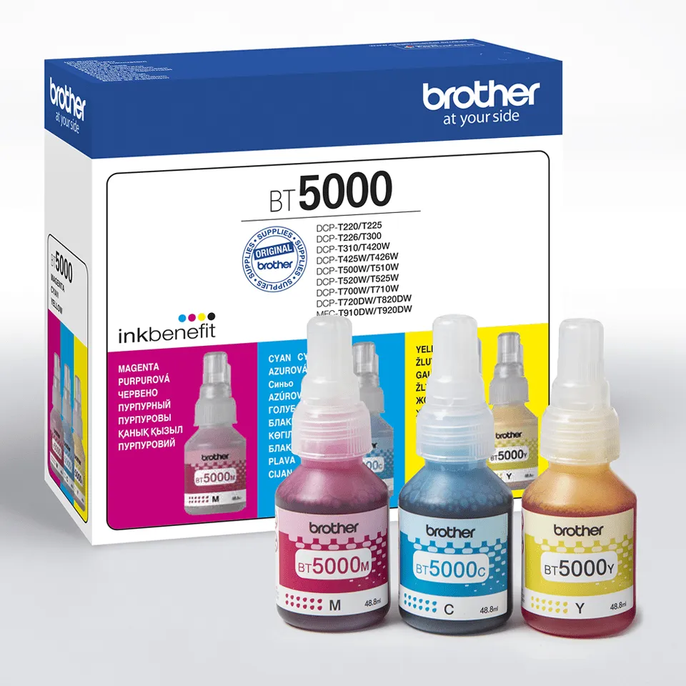 Brother BT5000CLVAL kit med bl&auml;ckflaskor, 48.8 ml, cyan/magenta/gul, 3 st