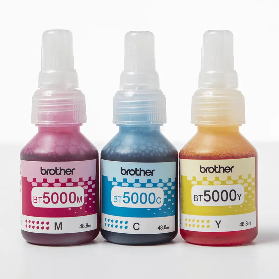 Brother BT5000CLVAL kit med bl&auml;ckflaskor, 48.8 ml, cyan/magenta/gul, 3 st